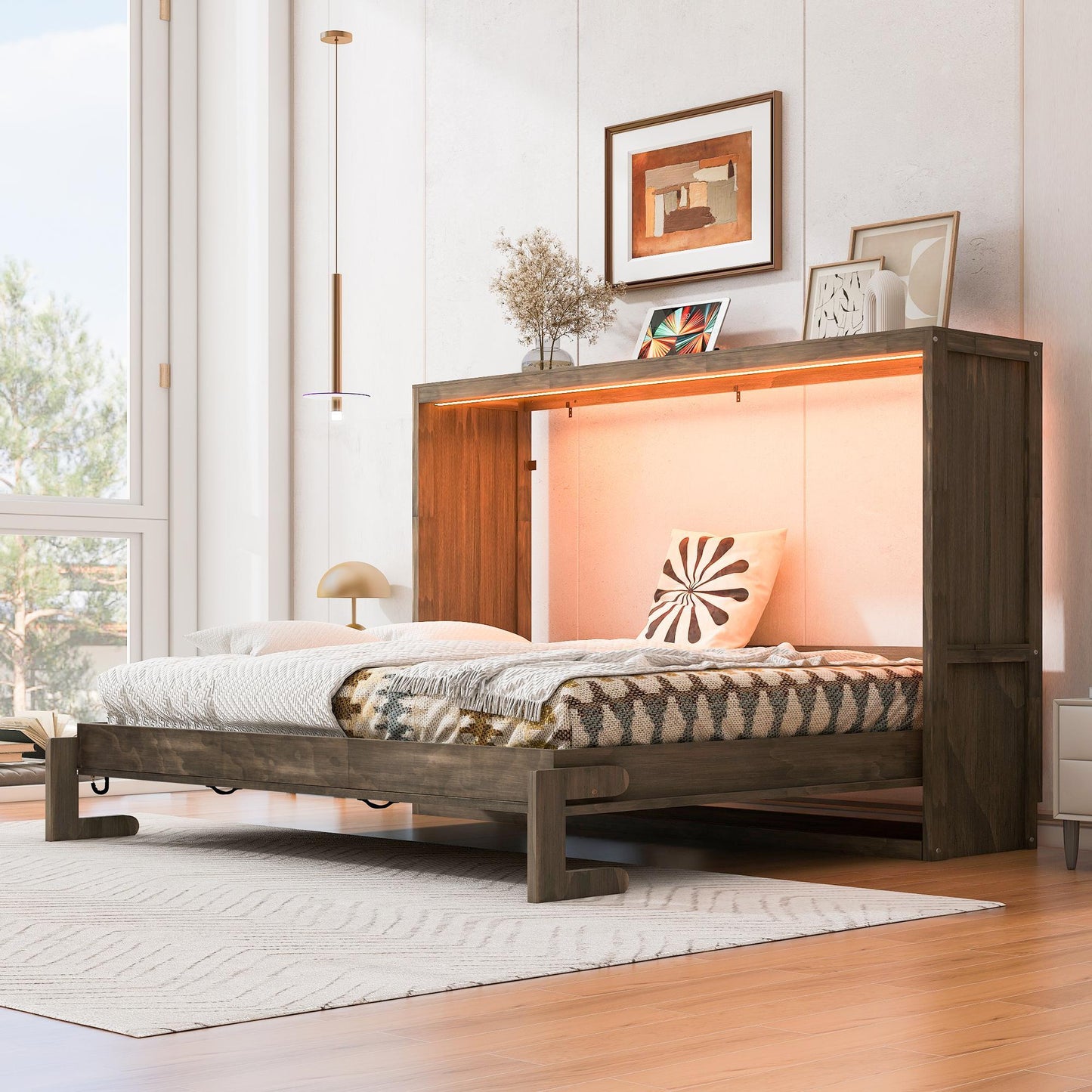 Queen Size Brown Murphy Bed with Smooth Hydraulic Lift, Space‑Saving Fold‑Down Unit with Wood Slat Support, 88'' L x 67'' W x 68.5'' H, Brown