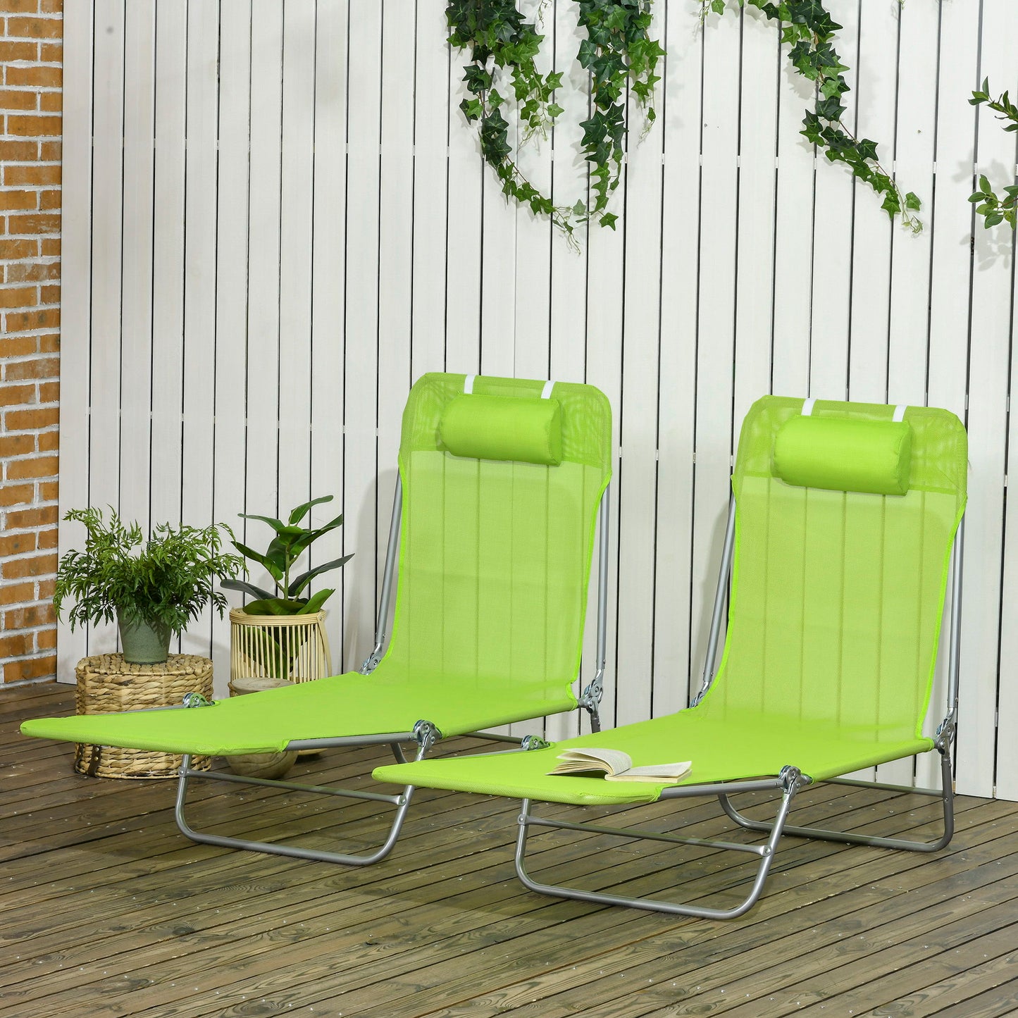Set of 2 Folding Chaise Lounge Chairs, Outdoor Poolside Sun Tanning Chairs w/ Pillow, Reclining Backrest, Green