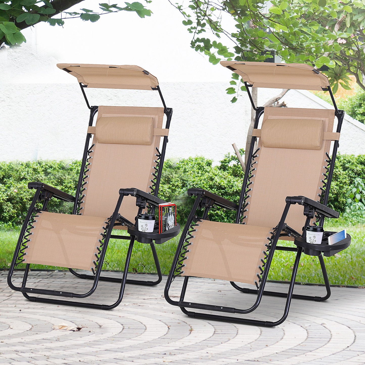 2 Piece Foldable Lounge Chair with Canopy Shade, Outdoor Zero Gravity Chair with Side Tray & Cup Holder, Reclining Lounger with Breathable Mesh Fabric Seat, Pillow, Beige