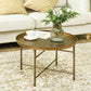 Vintage Coffee Table for Living Room, 24" Round Center Table with Hammered Tray Top and Metal Frame, Gold