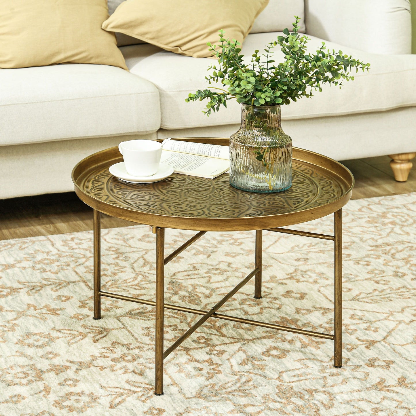 Vintage Coffee Table for Living Room, 24" Round Center Table with Hammered Tray Top and Metal Frame, Gold