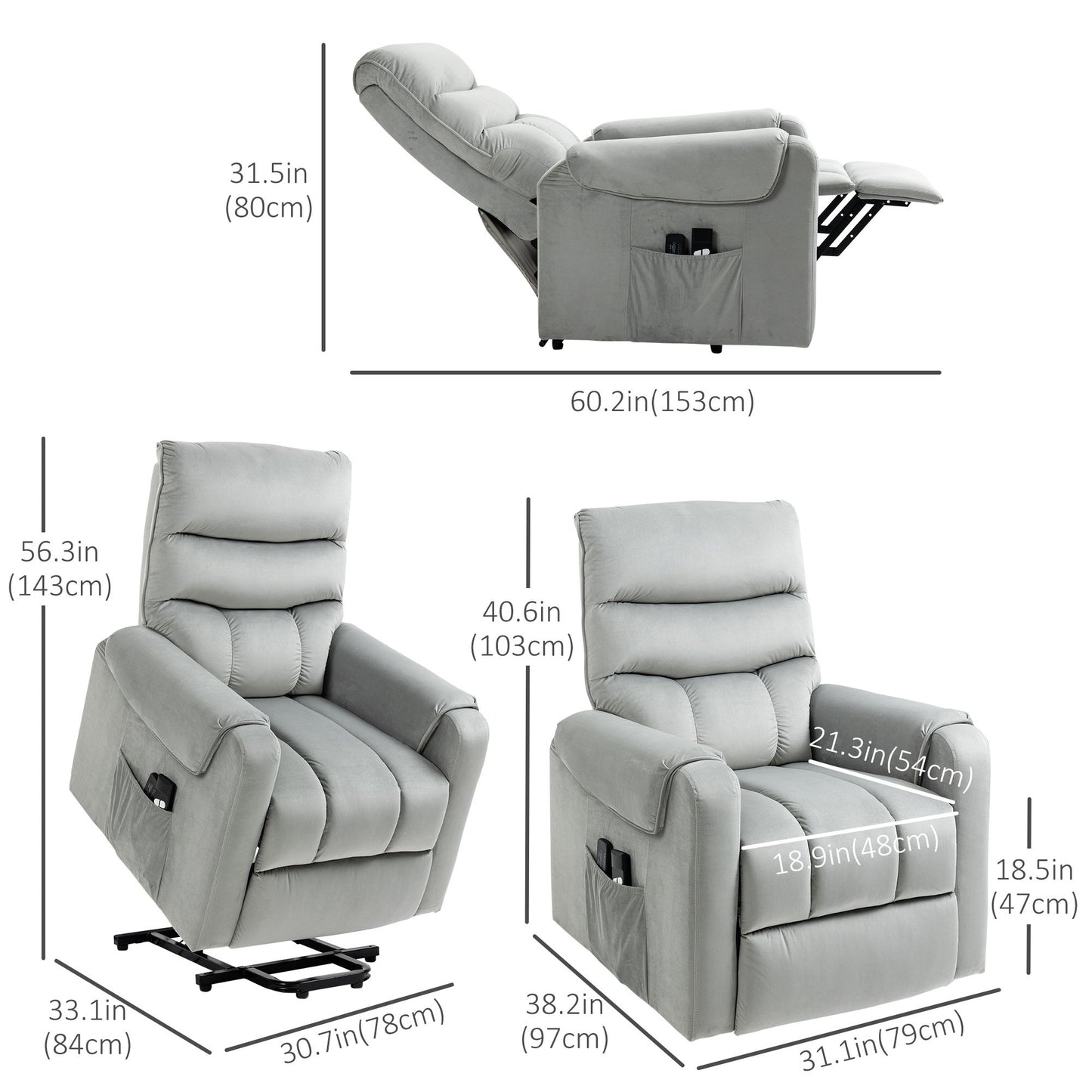 Lift Chair for Elderly, Massage Recliner Chair with 8 Vibration Points, Footrest, Remote Control, Side Pockets, Grey