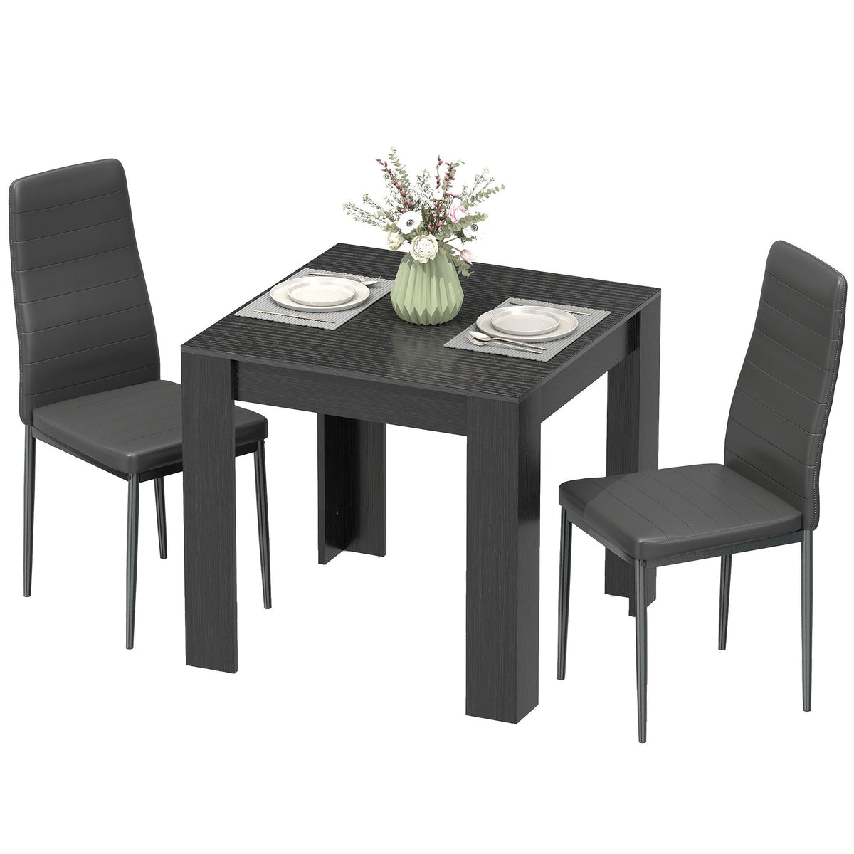 Square Dining Table Set for 2 with PU Leather Chairs - Black