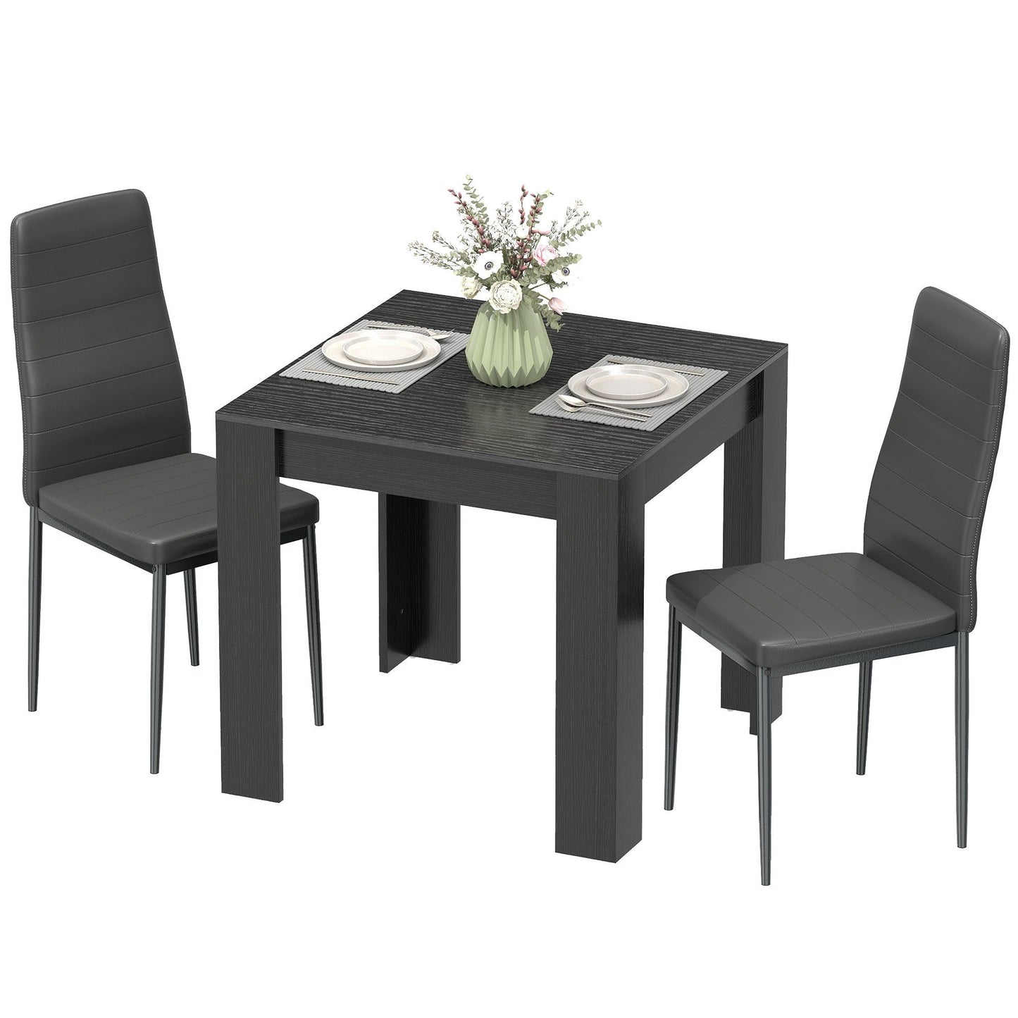Square Dining Table Set for 2 with PU Leather Chairs - Black