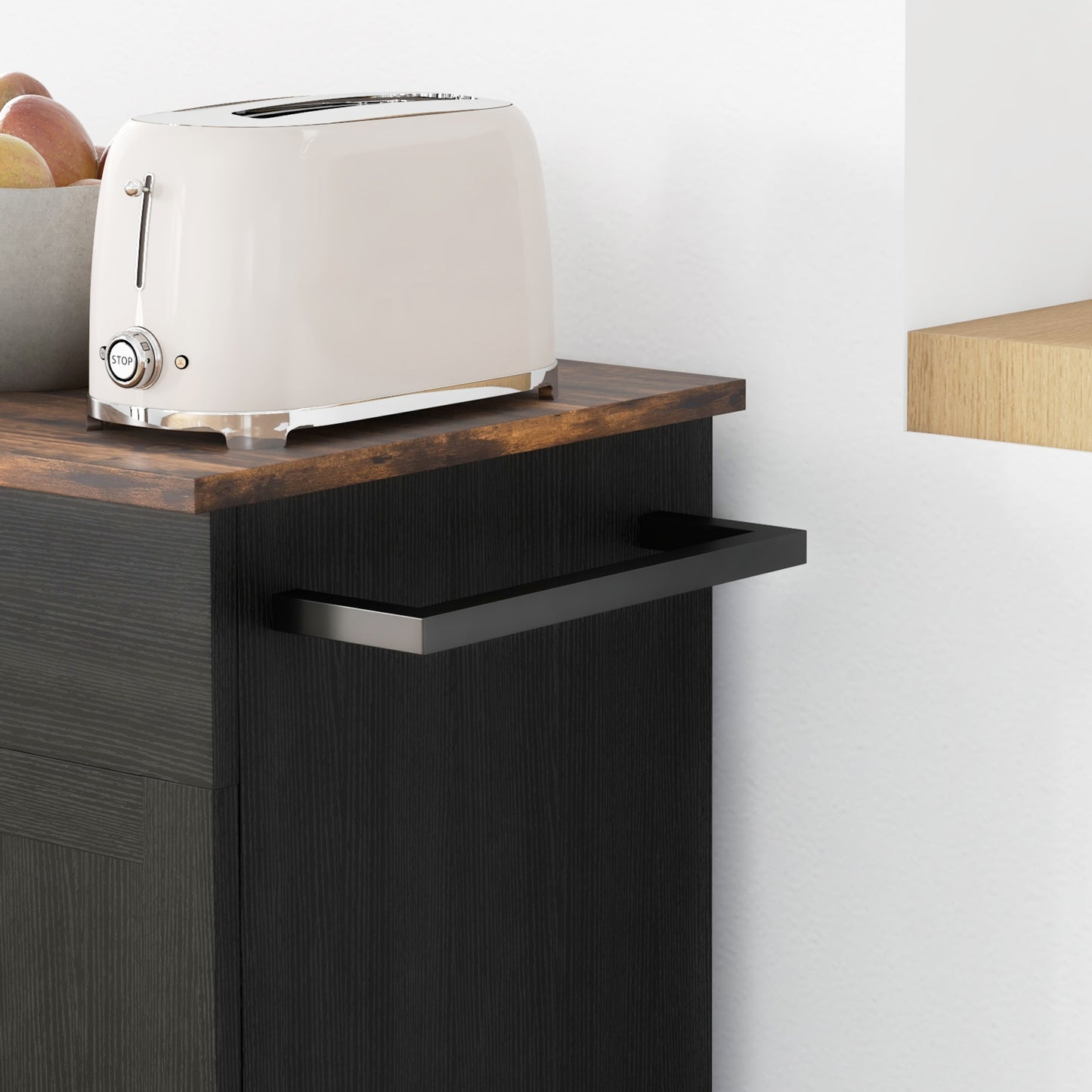 Modern Rolling Kitchen Island Cart with Drawer, Natural Wood Top, Towel Rack, Door Storage Cabinet, Distressed Black