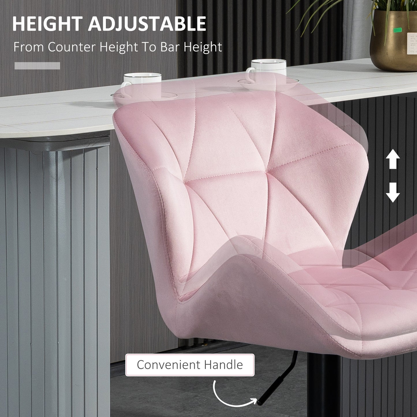 Velvet-Touch Bar Stool Set of 2 Fabric Adjustable Height Armless Counter Chairs with Swivel Seat, Pink