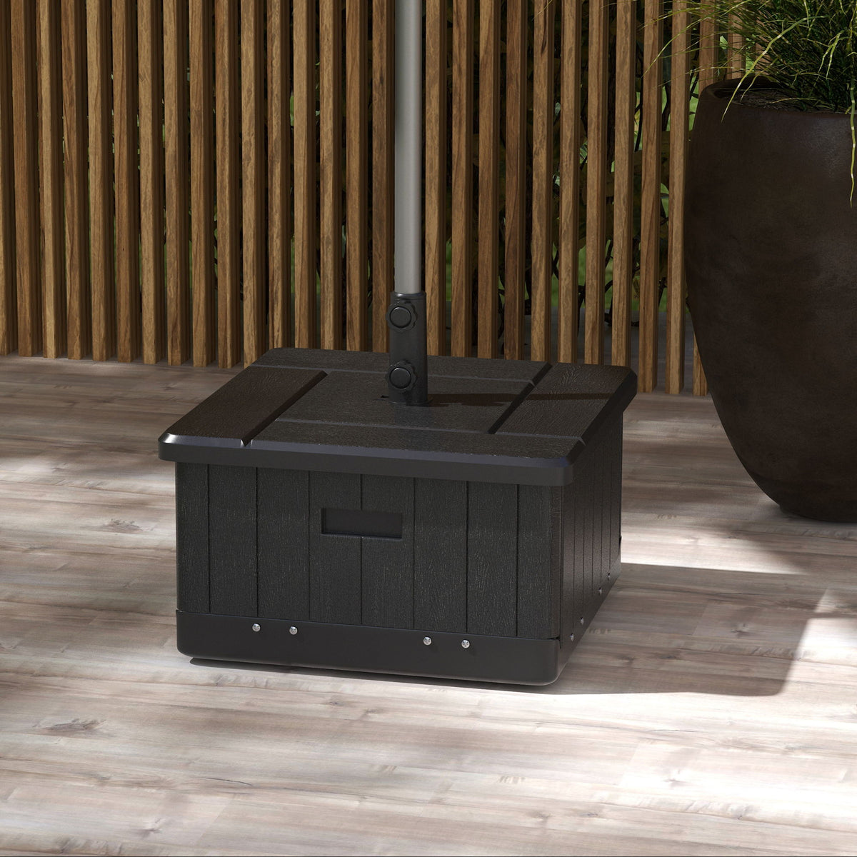 3-in-1 Outdoor Umbrella Base with Wheels and Handles, End Table, Flower Box Planter with Hole, 176 lbs. Capacity, Black