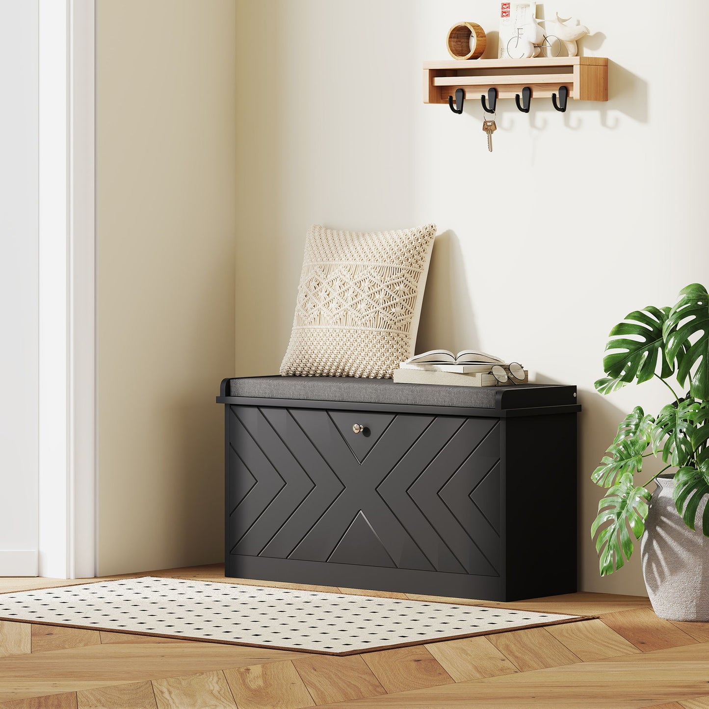 Shoe Storage with Seat, Upholstered Hallway Bench, Shoe Bench with Flip Drawer, Adjustable Shelf for 6-8 Pairs of Shoes