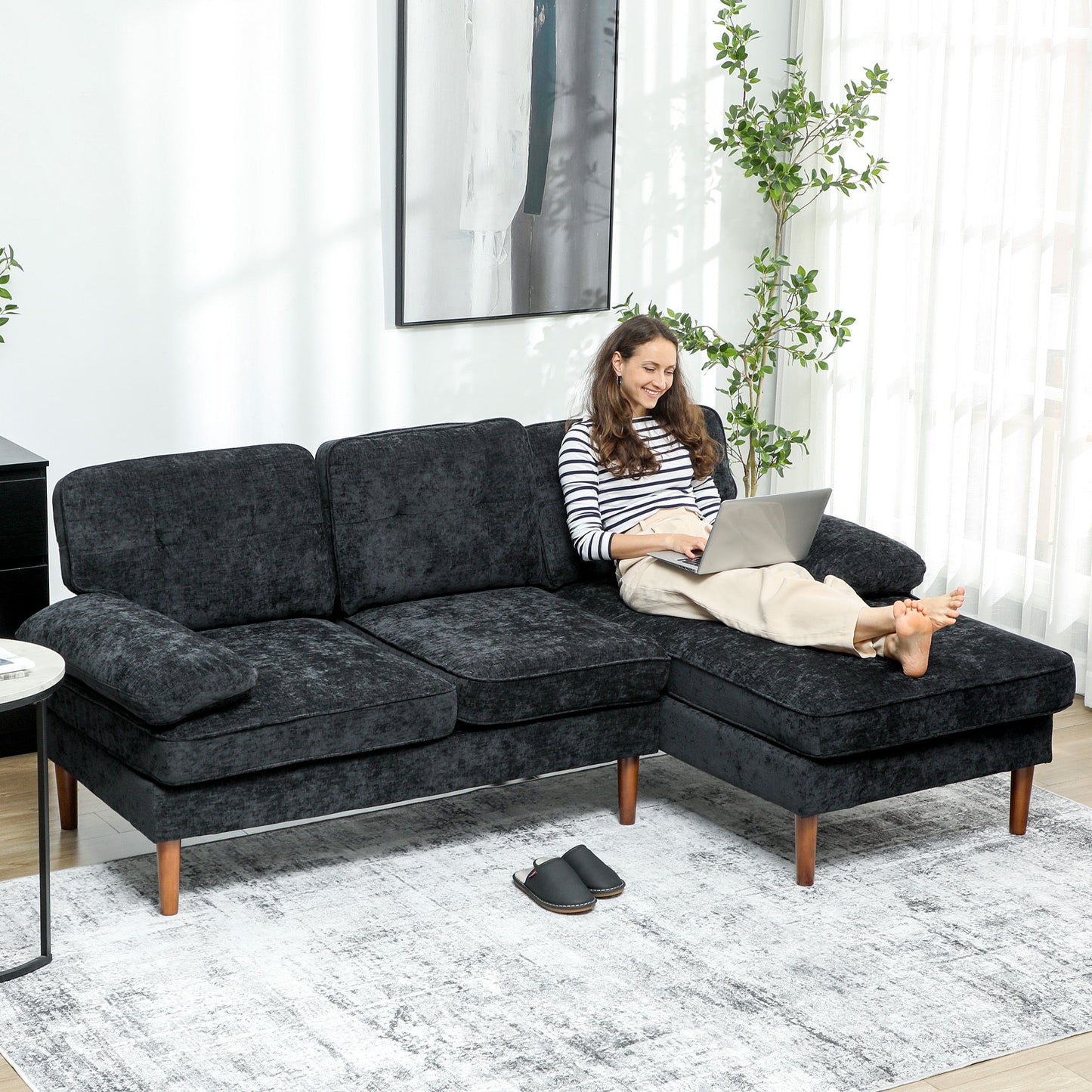 Modern Corner Couch with Right Chaise Lounge, Tufted 3-Seater Sofa with Wooden Legs for Living Room, Black
