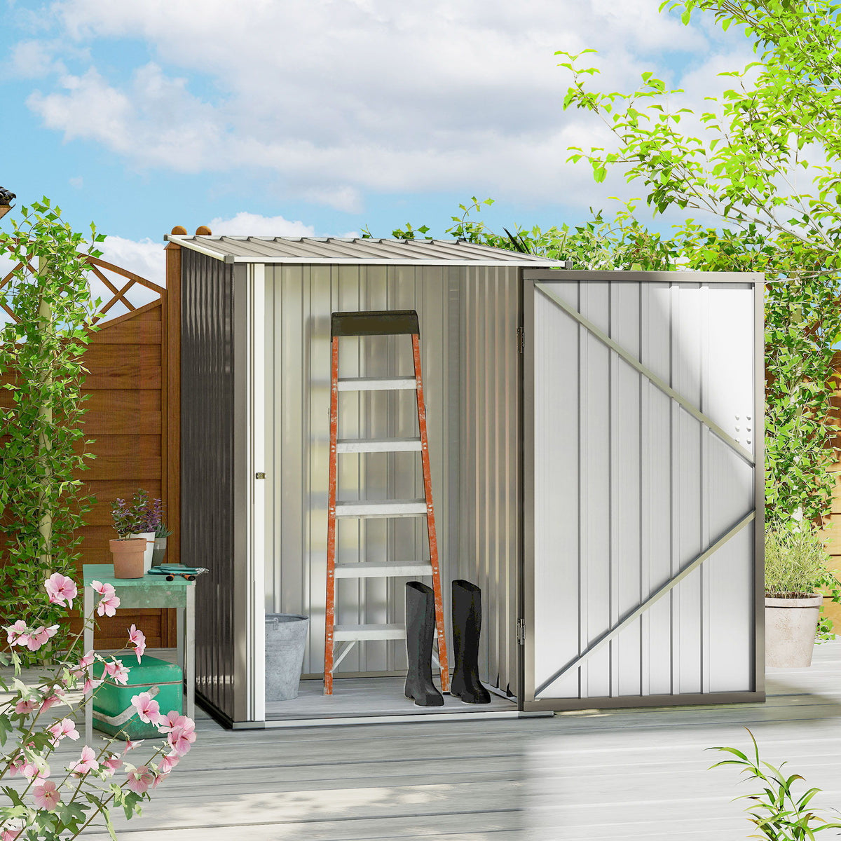 3.3' x 3.4' Lean-to Outdoor Garden Storage Shed, Galvanized Steel with Lockable Door for Patio Brown and White