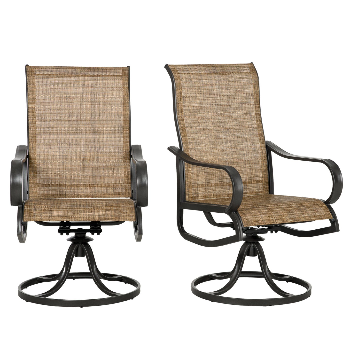 2-Piece Swivel Patio Dining Chairs, 360° Swivel Rocking Outdoor Chairs with Curved Armrests, Breathable Mesh Seat & S Shape Backrest for Yard, Lawn, Porch, Brown
