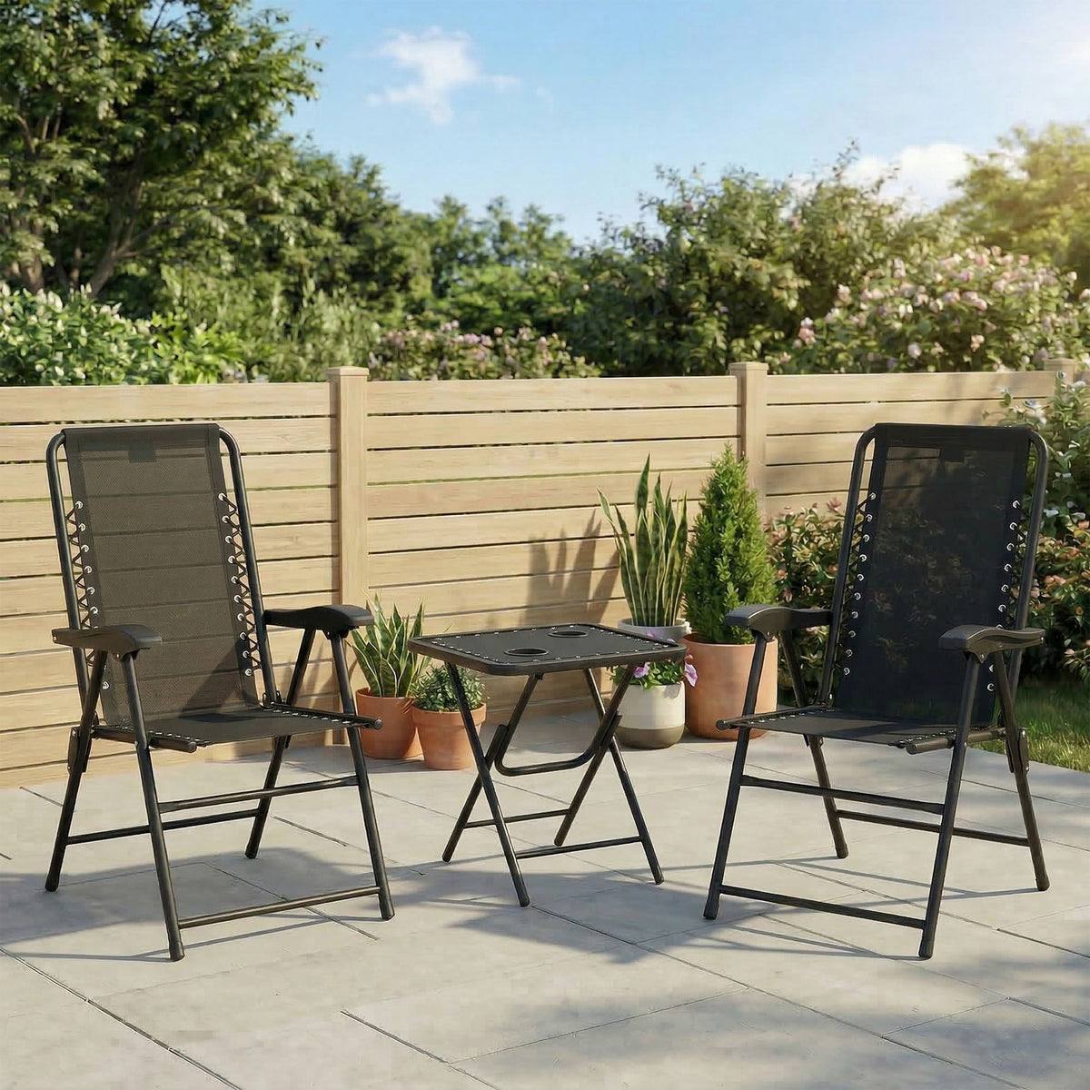 3 Pieces Patio Bistro Set, Outdoor Folding Table and Chairs Set, Metal Patio Furniture Set with Cup Holders
