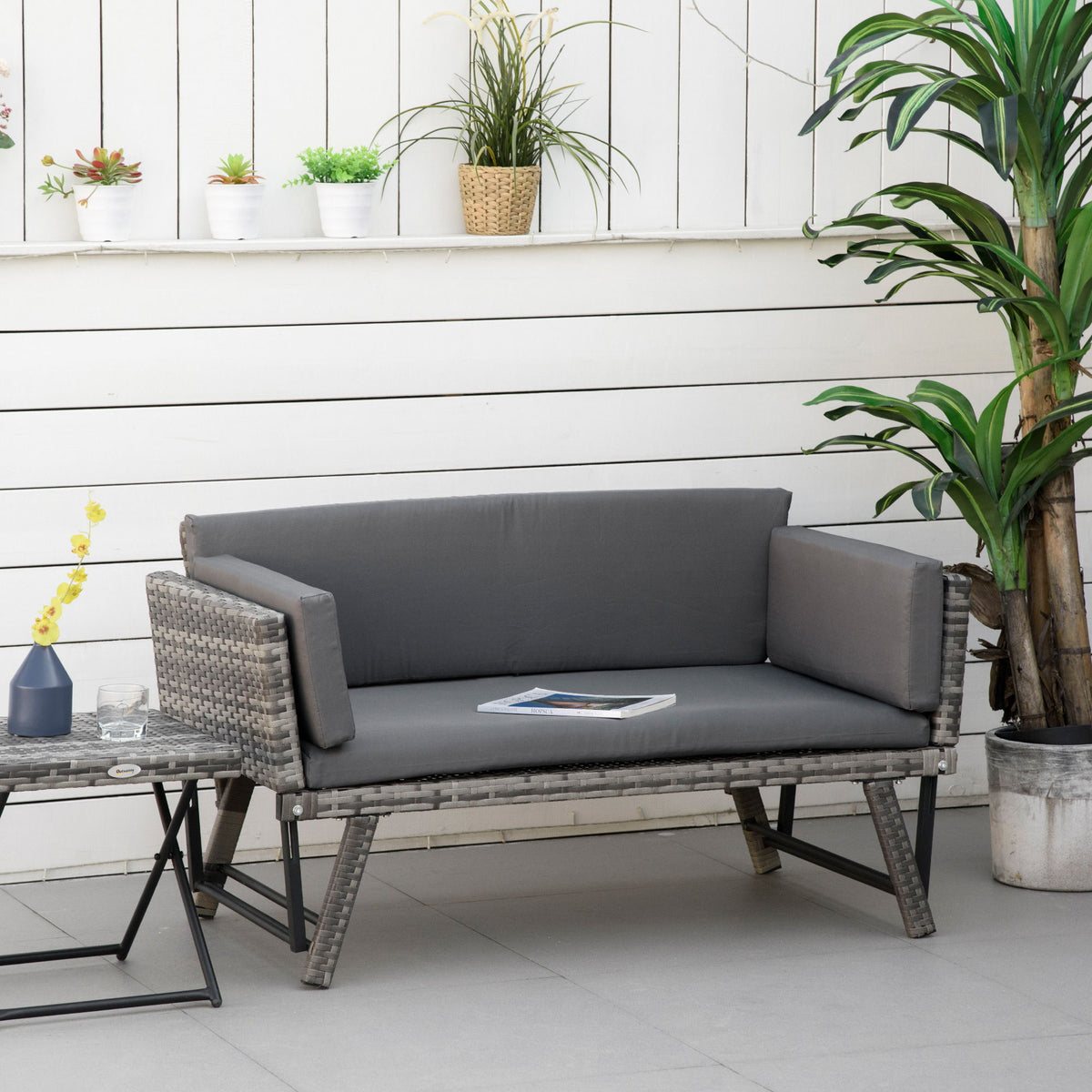 Convertible Wicker Loveseat Grey Patio Chaise Lounge