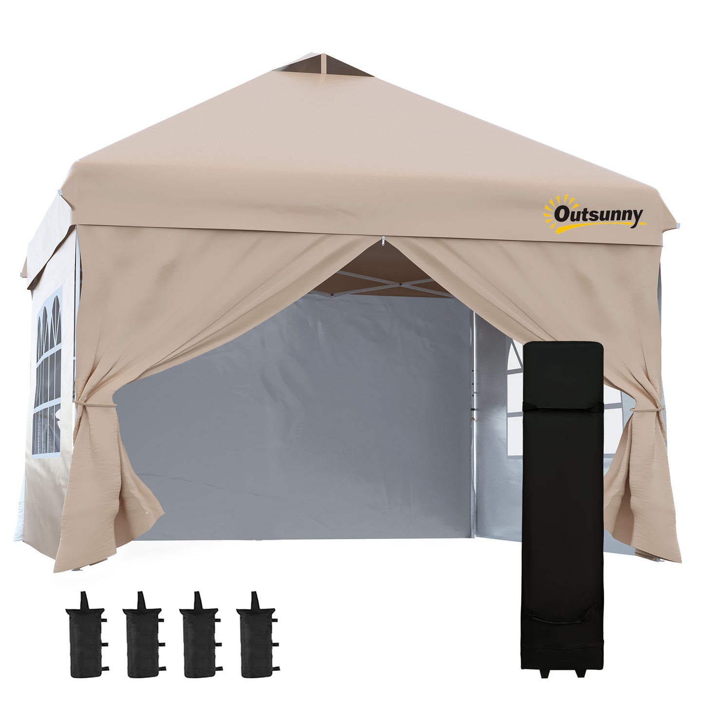 10' x 10' Pop Up Canopy Tent, Instant Sun Shelter, Tents for Parties, with Wheeled Carry Bag, for Outdoor, Garden, Patio, Beige