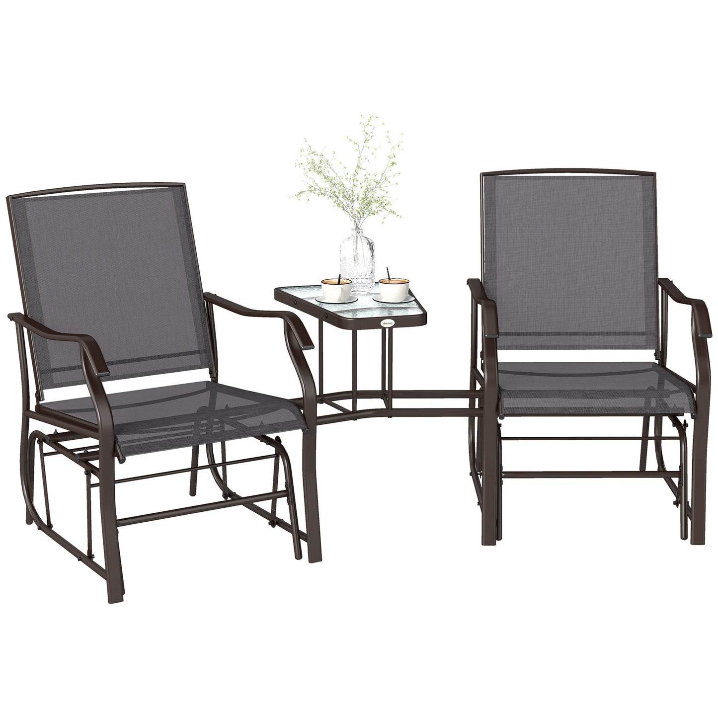 Double Patio Glider Chair with Glass Top Center Table, Outdoor Glider Loveseat with High Back, All Weather Breathable Mesh Fabric for Garden, Backyard, Deck, Grey