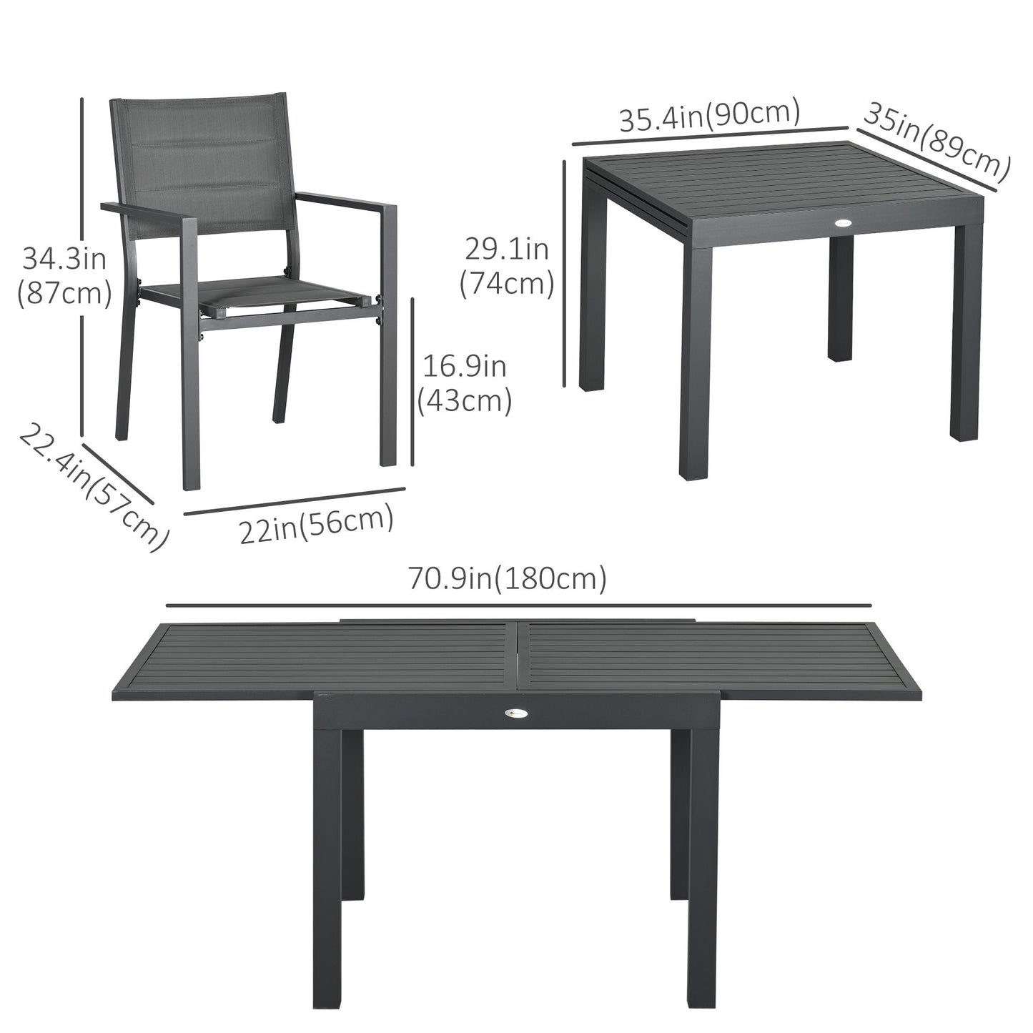 Patio Dining Set for 6, Aluminum Expandable Outdoor Table and 6 Stackable Chairs with Padded Back, Mesh Seat, Dark Grey