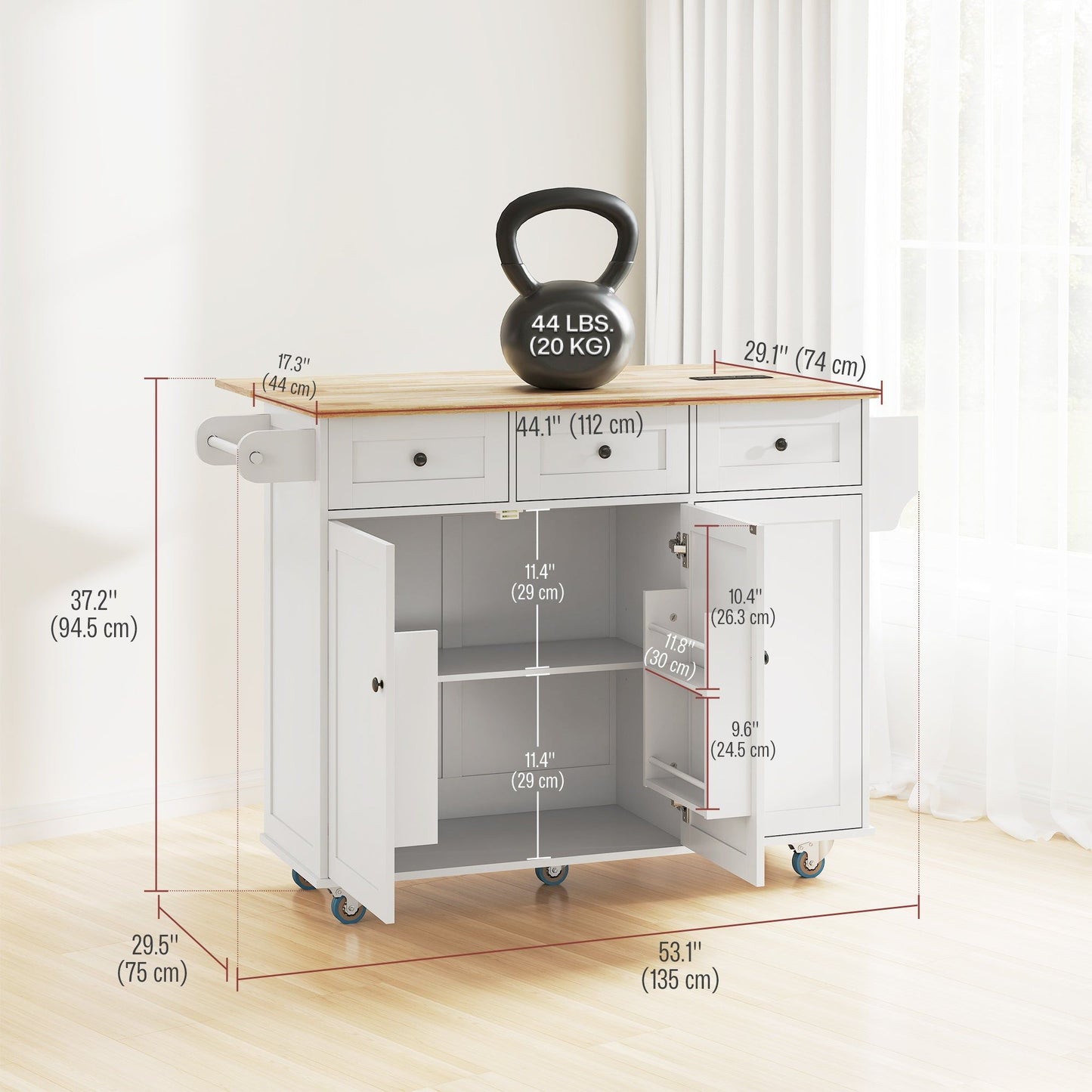 Rolling Kitchen Island with Drop Leaf & Charging Station - White