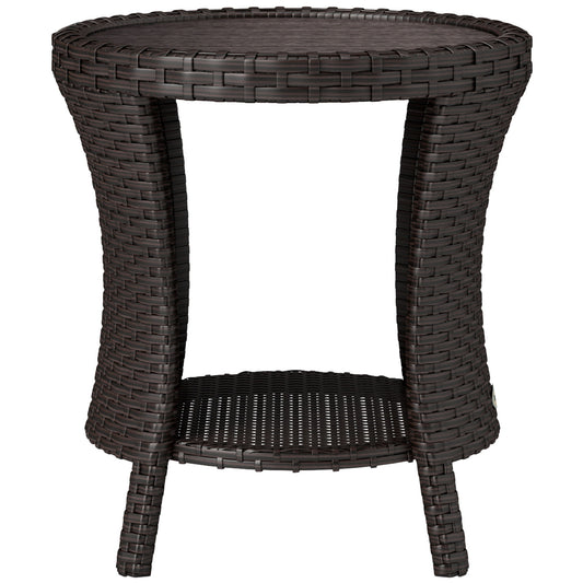 18" Wicker Outdoor Coffee Table, PE Rattan Patio Side Table with 2-Tier Storage, Composite Wood Top, Brown