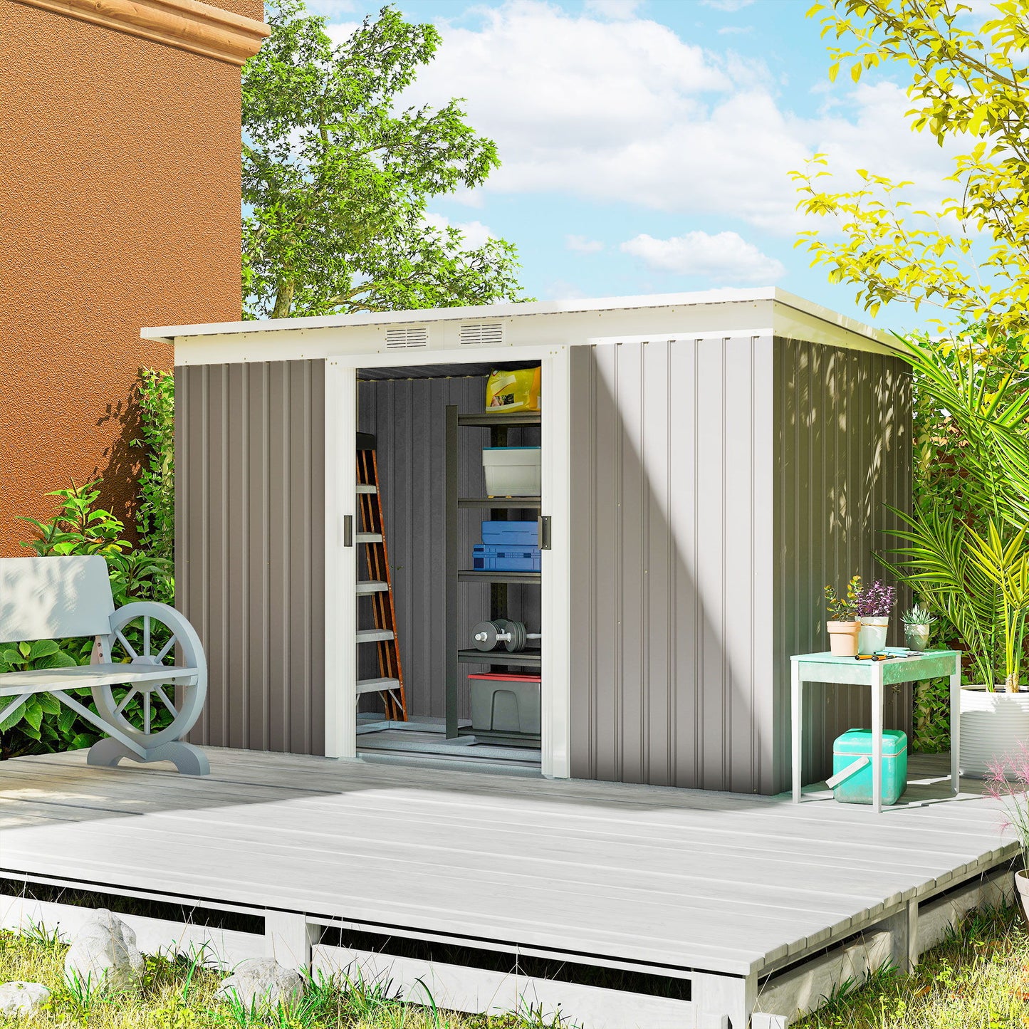 9' x 4' Garden Metal Storage Shed Outdoor Equipment Tool Box with Foundation Kit, Ventilation & Doors, Light Grey