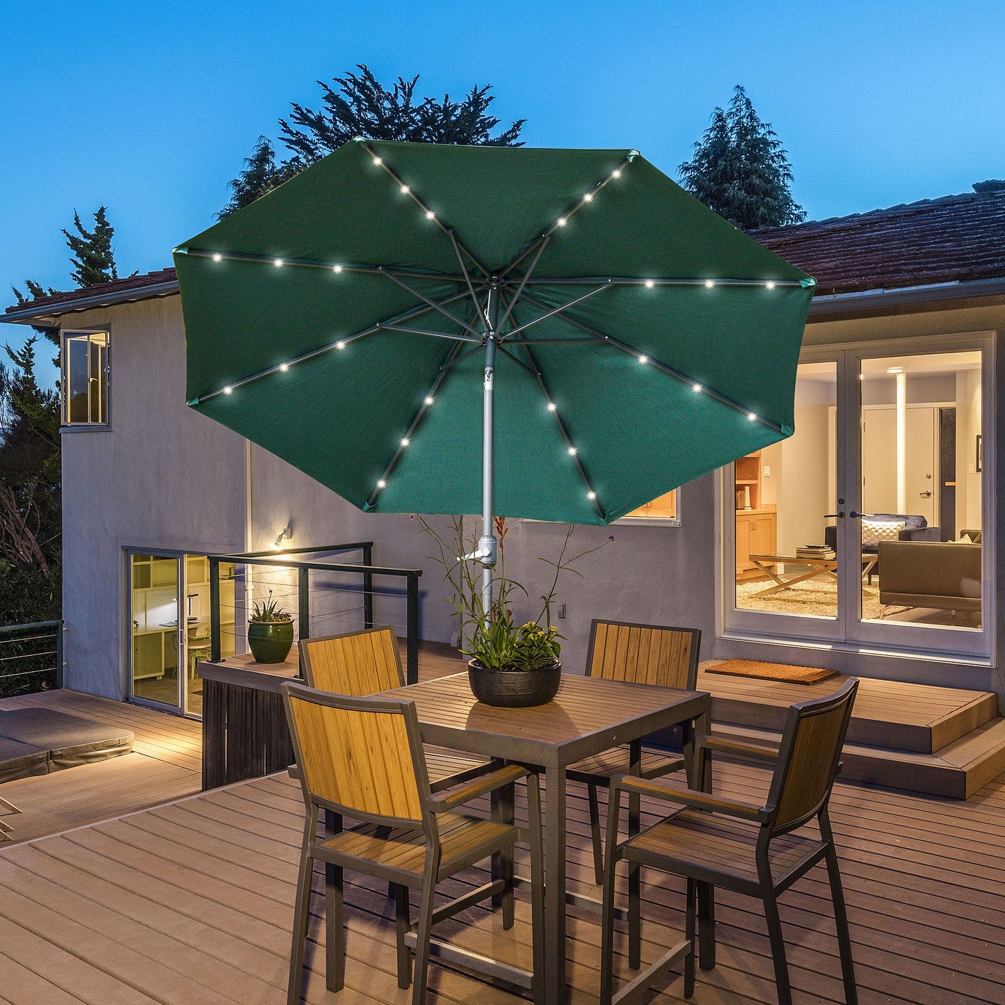 9ft Solar Patio Umbrella Outdoor Sunshade 24 LED Lights Tilt Canopy Green