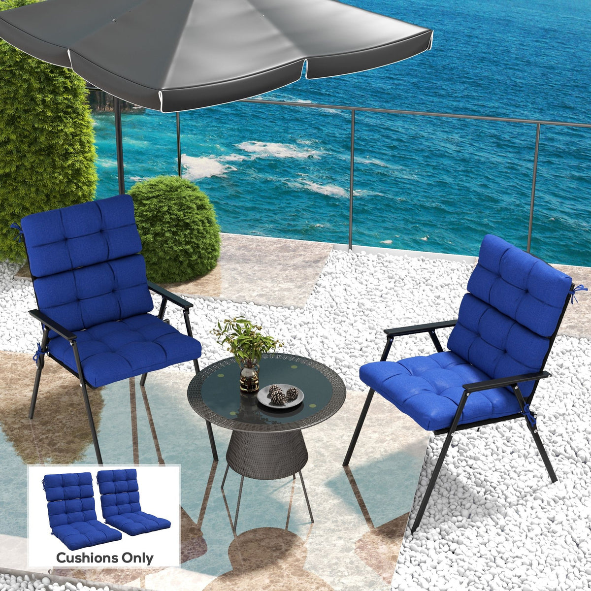 2-Piece Back Seat Cushion Replacement, Outdoor Patio Chair Cushions Set with Ties, Button Tufted, Navy Blue