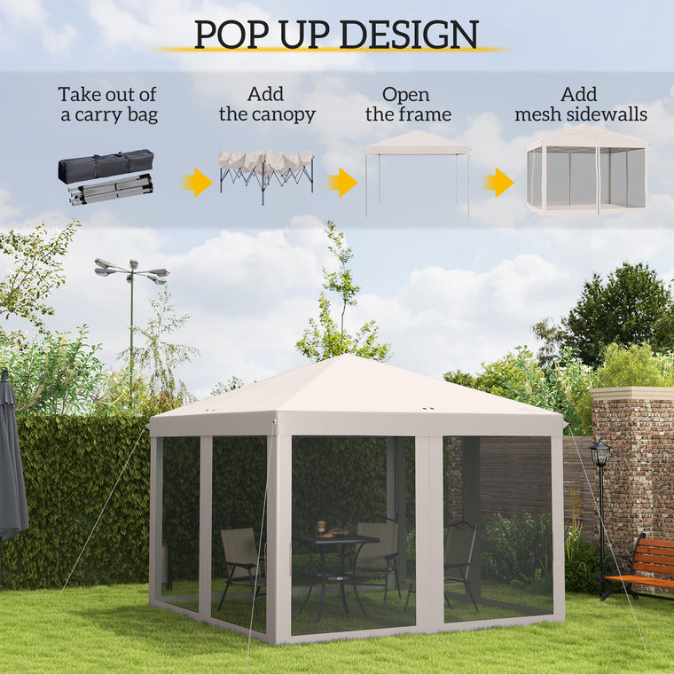 10' x 10' Beige Foldable Pop Up Gazebo with Mesh Sidewalls