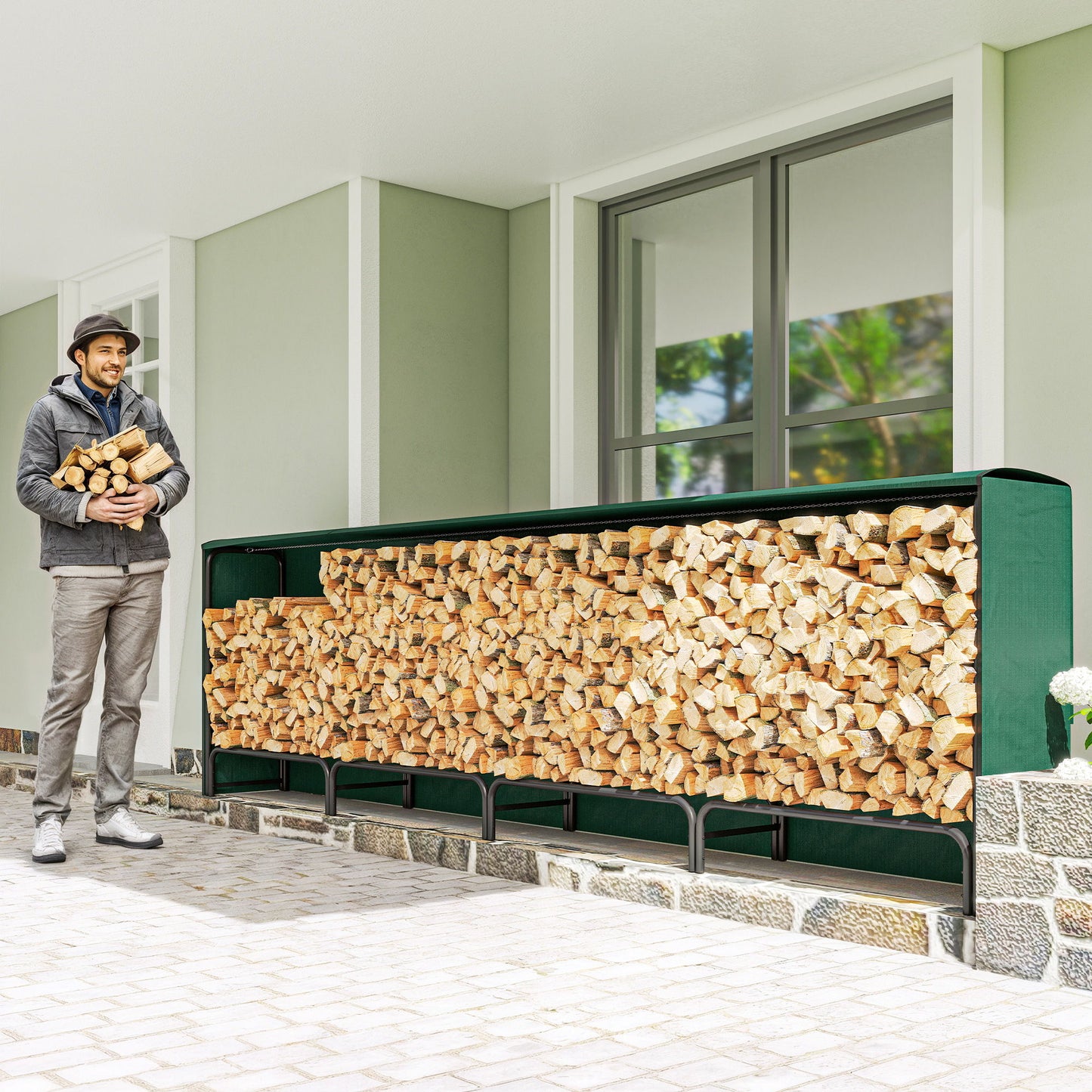 Firewood Rack with Waterproof Cover, 500 kg Log Storage Holder with Steel Chains, 142" x 14" x 39", Dark Green