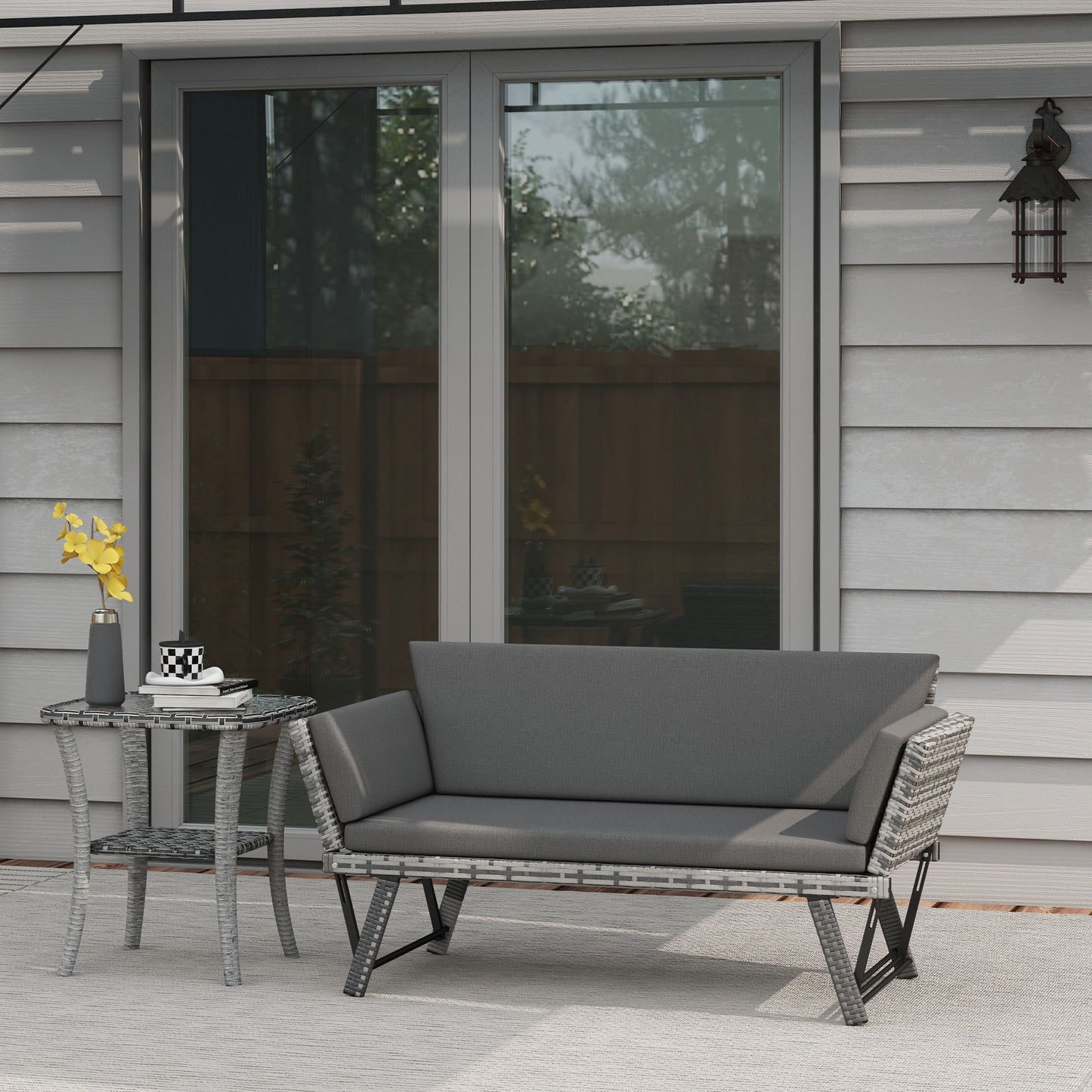 Convertible Wicker Loveseat Grey Patio Chaise Lounge