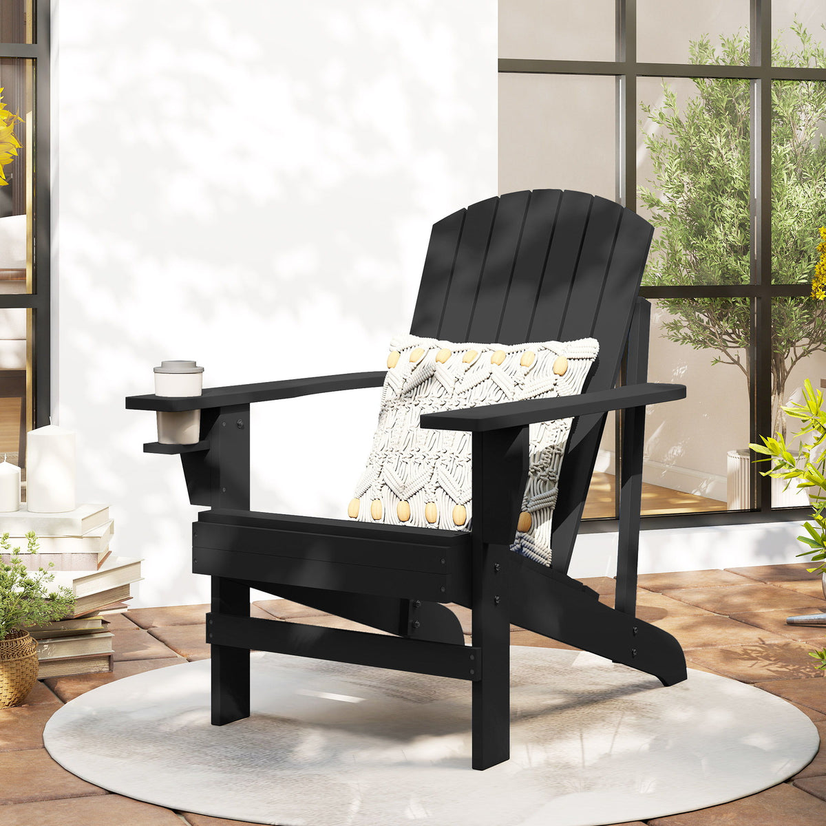 Classic Adirondack Chair Muskoka Chair, Garden Deck Chair with Cup Holder for Patio, Indoor, Backyard, Black