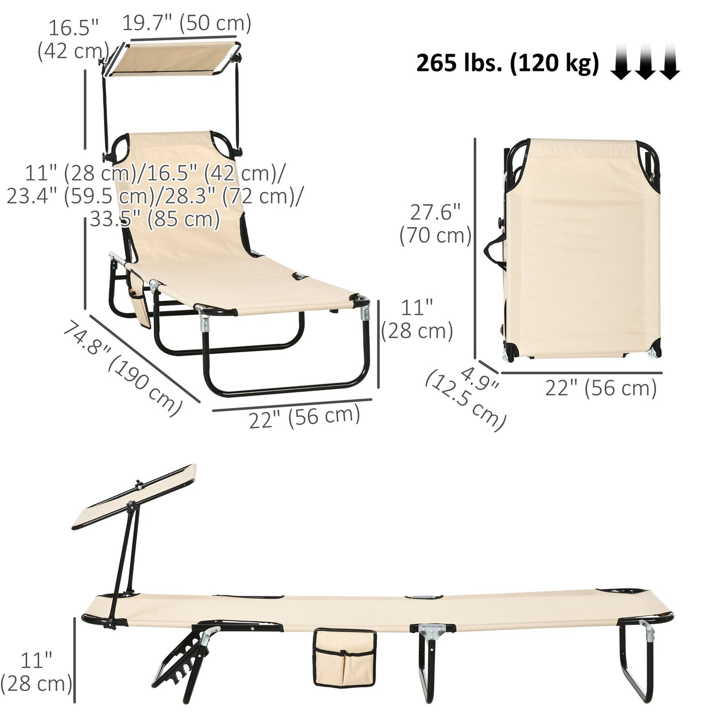 2 Piece Folding Outdoor Chaise Lounges, Pool, Sun, Tanning Chairs with Reclining Back, Sunshade for Beach, Patio, Tan