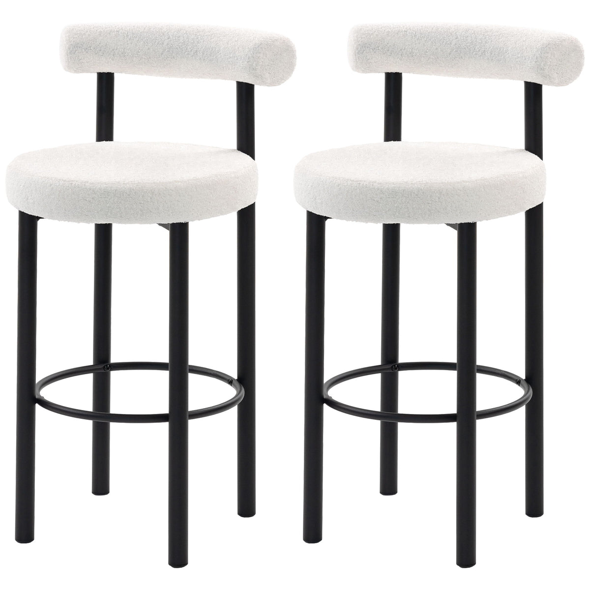 Bar Stools Set of 2, Sherpa Upholstered Barstools with Backrest, Bar Height Stools with Footrest for Kitchen Island