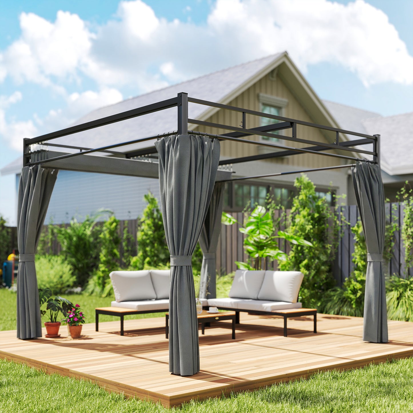 10' x 10' Outdoor Gazebo, Retractable Pergola Canopy with Curtains, UPF30+ Free Standing Metal Pergola Kit, Dark Grey