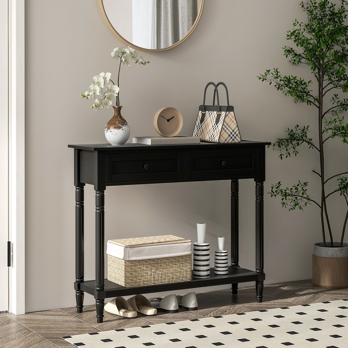 Hallway Console Table, Modern Entryway Table with 2 Drawers, Storage Shelf, Turned Legs for Living Room, Bedroom, Black