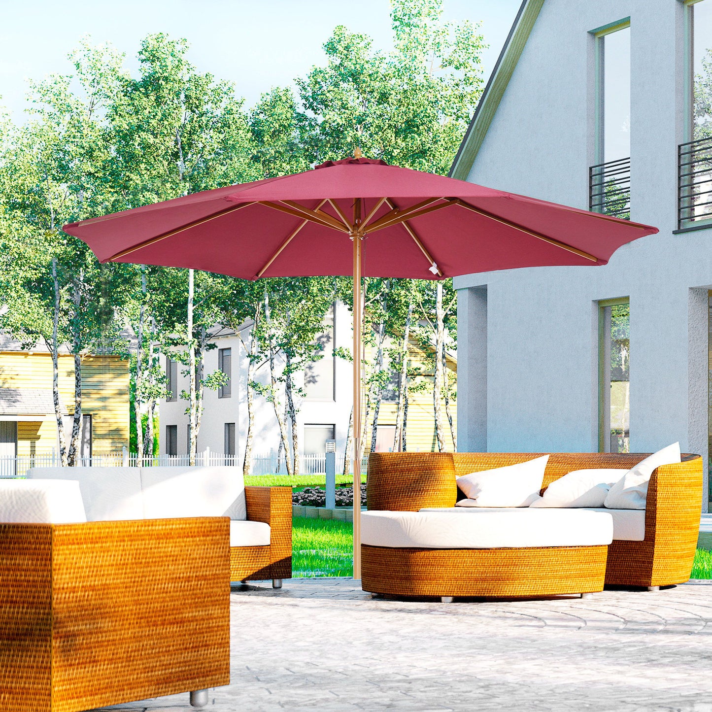 10' x 8' Bamboo Wooden Round Market Patio Sun Umbrella, Garden Parasol, Outdoor Sunshade Canopy, Wine Red