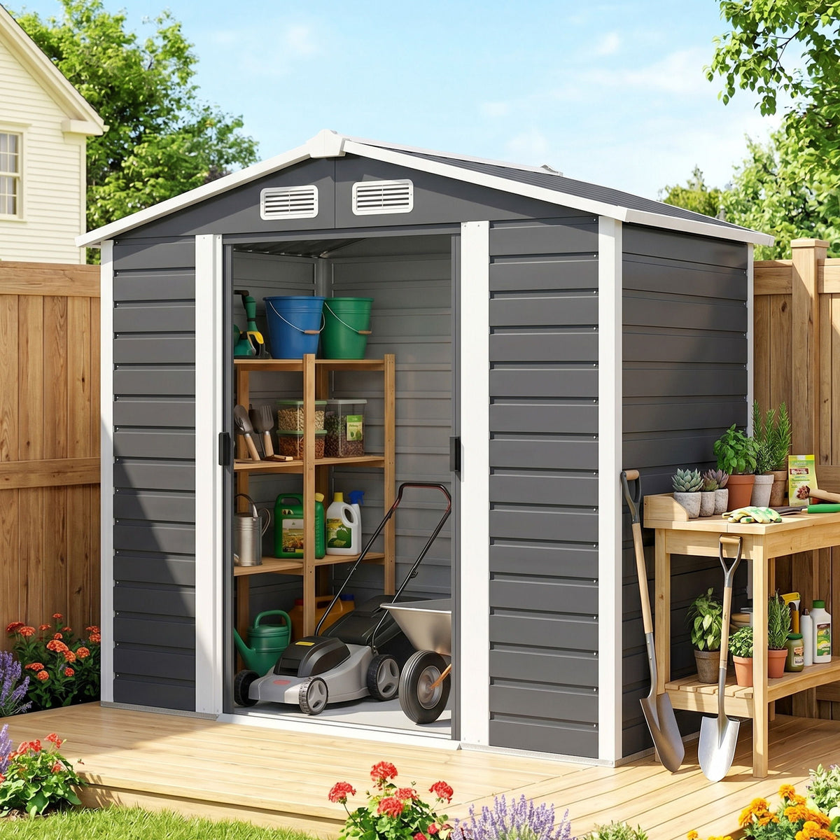 7' x 4' Outdoor Storage Shed, Metal Garden Shed with Lockable Doors and Gloves for Backyard, Garden, Patio, Dark Grey