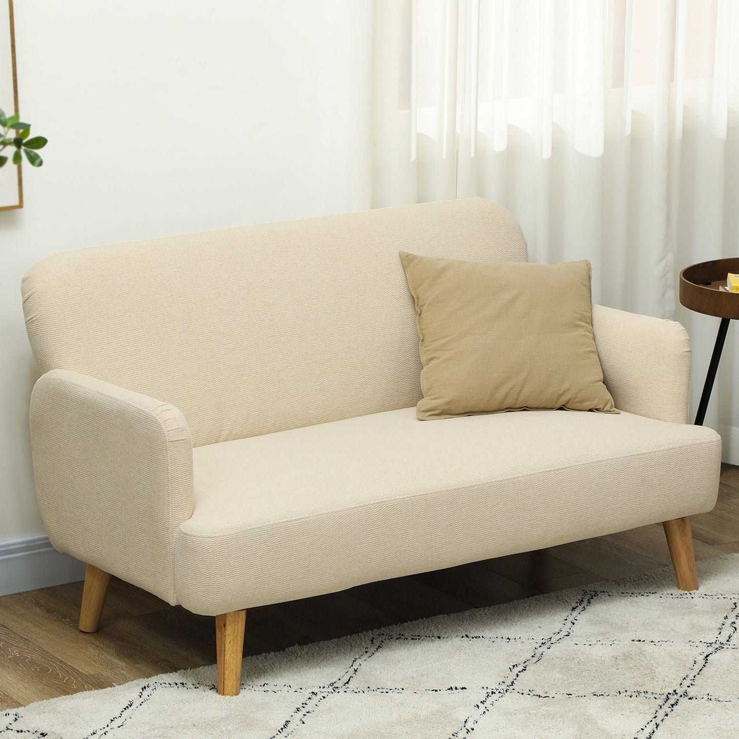 Velvet Feel Fabric 2 Seater Sofa, Small Sofa Loveseat with 8.3" Thick Padding and Wood Legs, Cream White