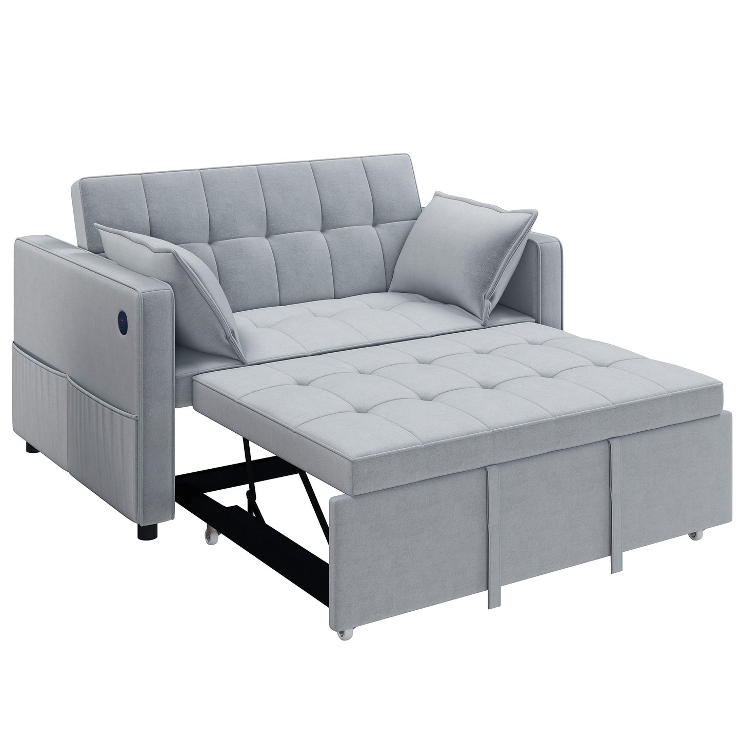 3-in-1 Convertible Sofa Bed, Pull-Out Sleeper Sofa with USB Charging, Adjustable Backrest and Side Pockets, Light Grey