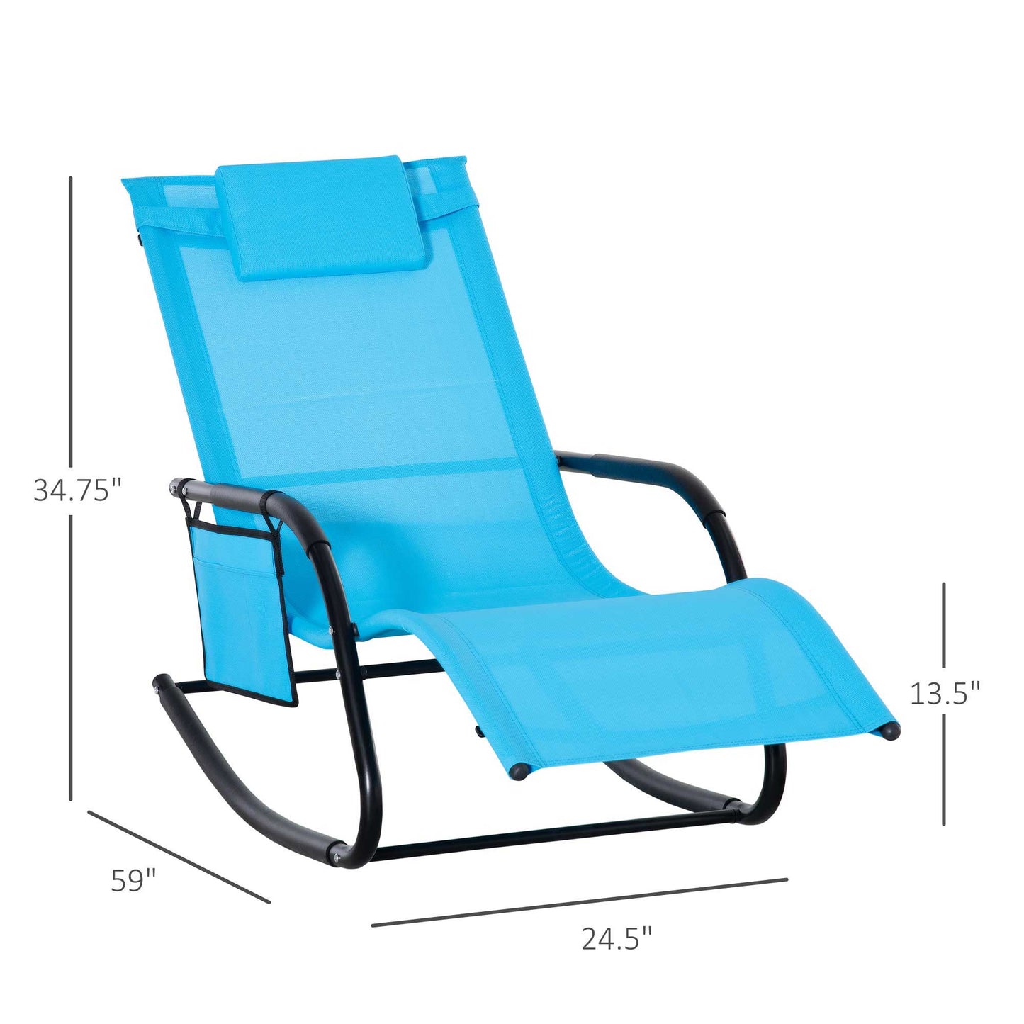 Patio Rocking Chair with Mesh Fabric, Outdoor Rocking Sling Sun Lounger with Removable Headrest and Side Pocket for Garden, Deck, Lawn, Dark Blue