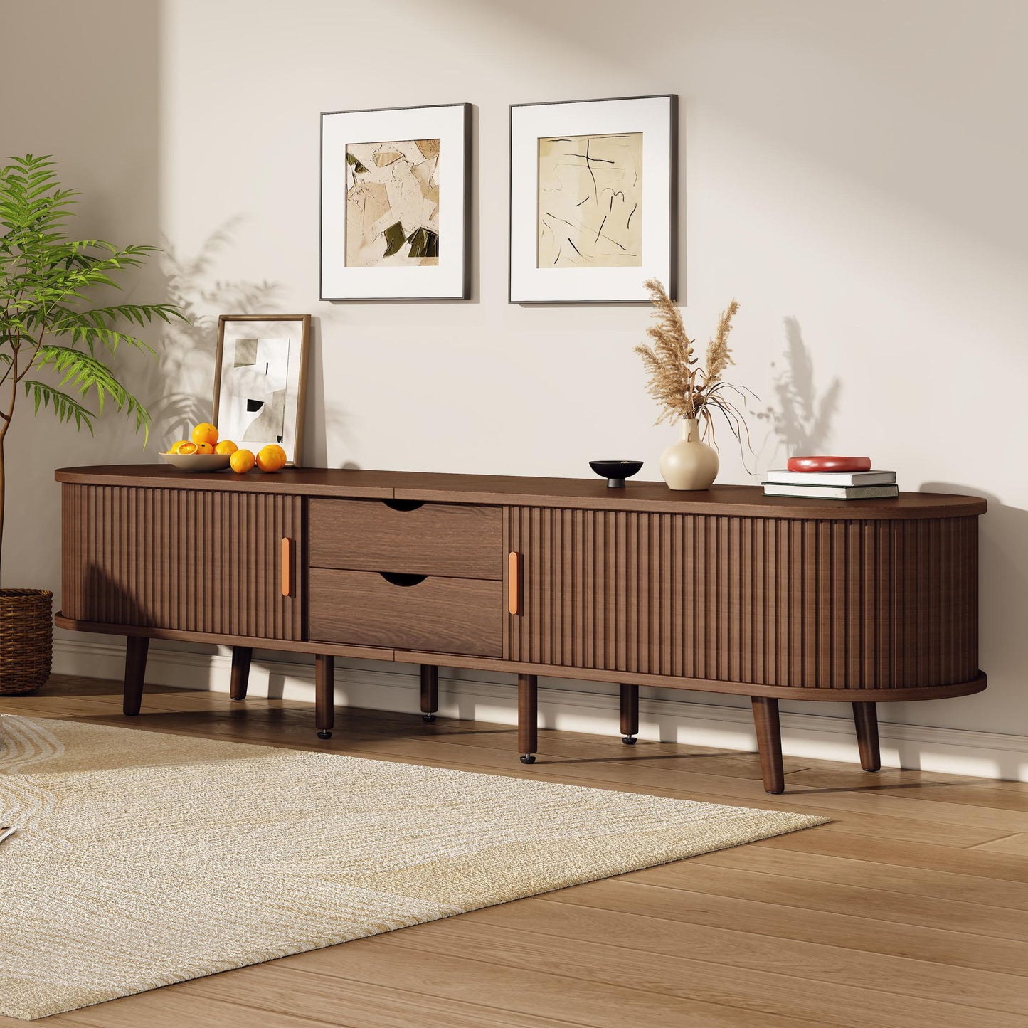 Stylish TV Stand with Rounded Corners and Oval Top, Versatile TV Cabinet for Living Room, 69" L x 15.5" W x 16.5" H, Dark Oak