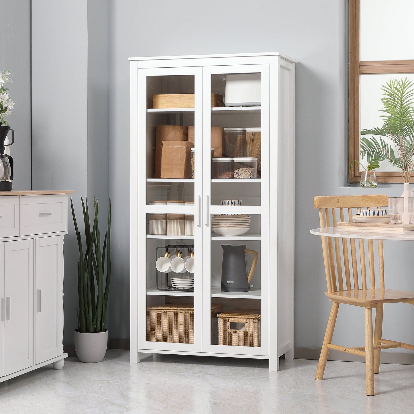 5-Tier Kitchen Pantry Cabinet with Glass Doors - White