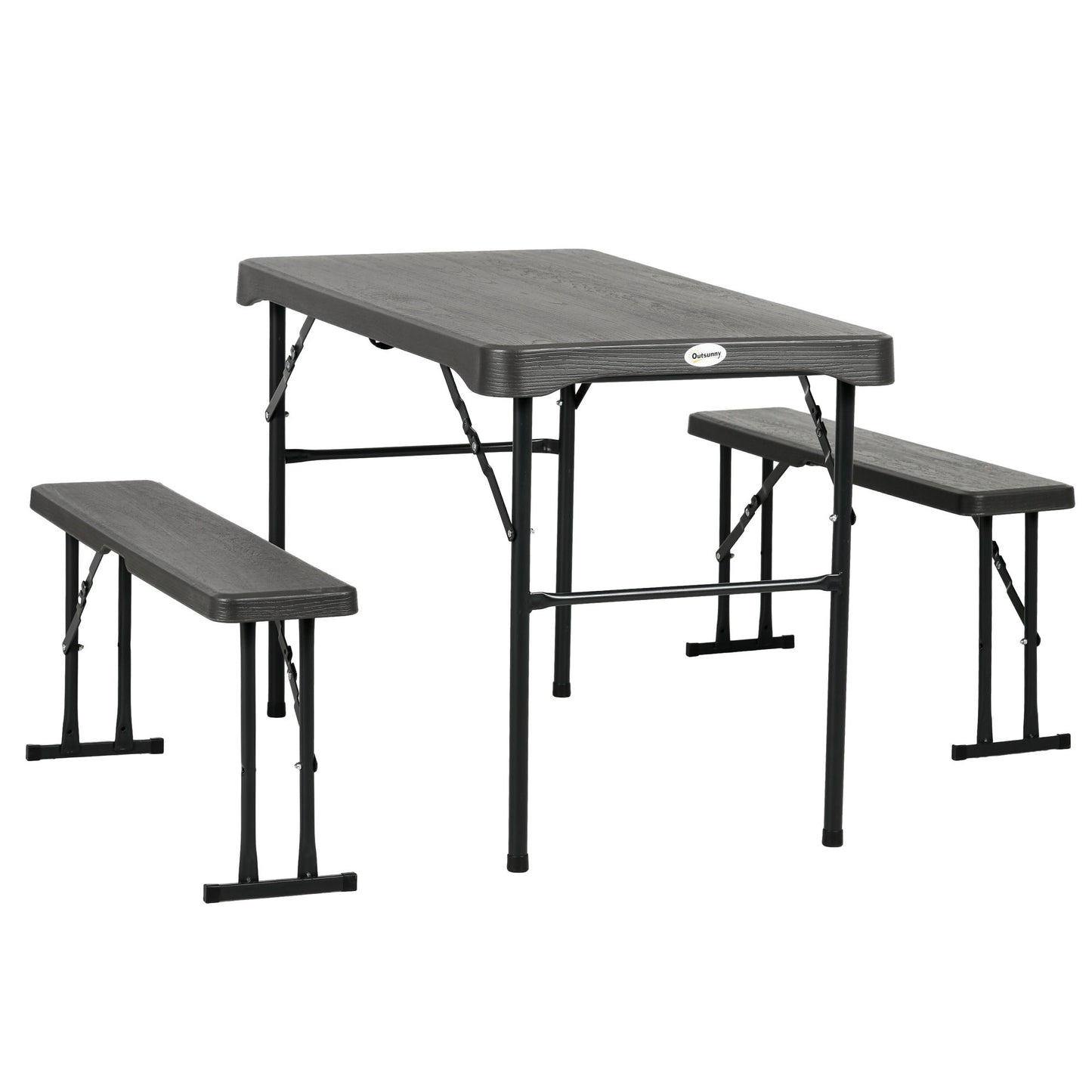 Folding Picnic Table with 2 Benches, 3-Piece Portable Outdoor Picnic Table Bench Set for 4, Patio Dining Table Set with Plastic Top, Steel Frame for Garden, Dark Grey