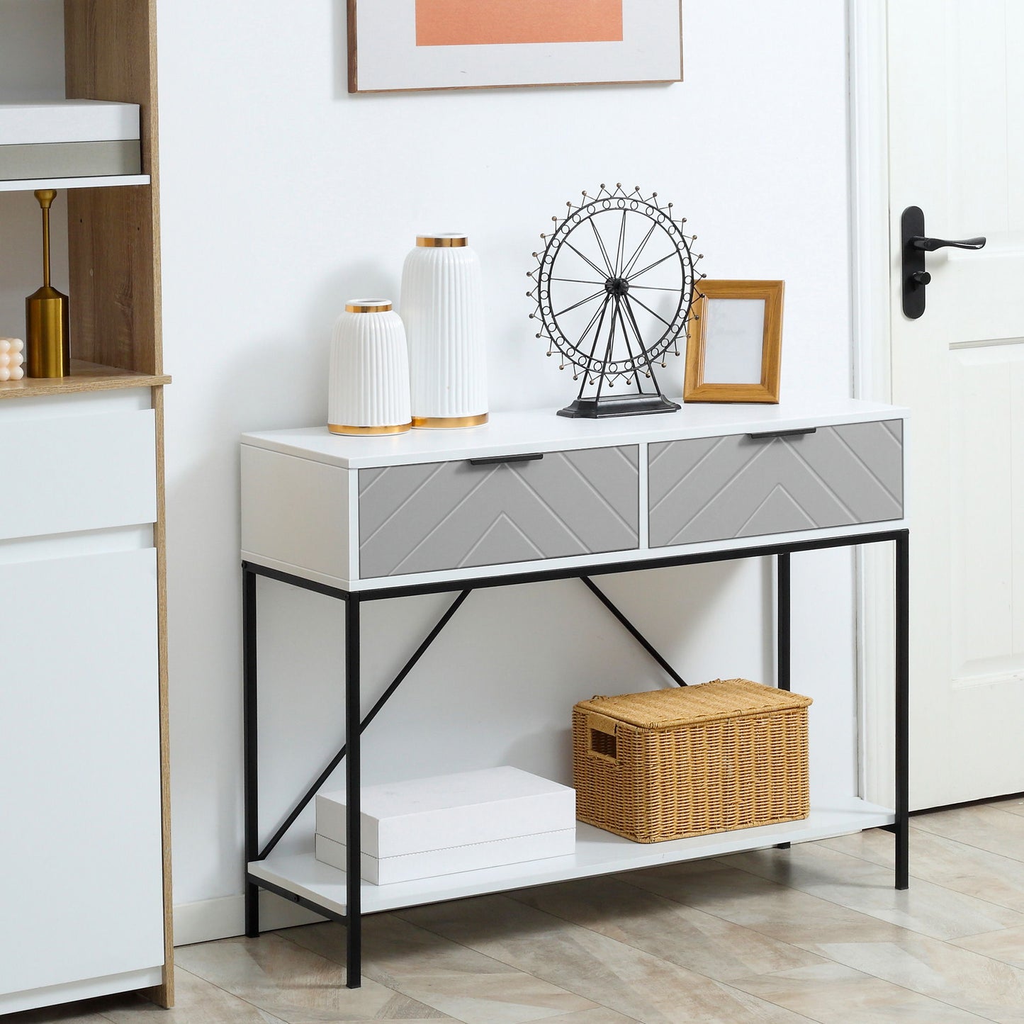 Modern Console Table with 2 Drawers, 2 Tier Entryway Table with storage Shelf, Narrow Sofa Table for Living Room, Hallway, White