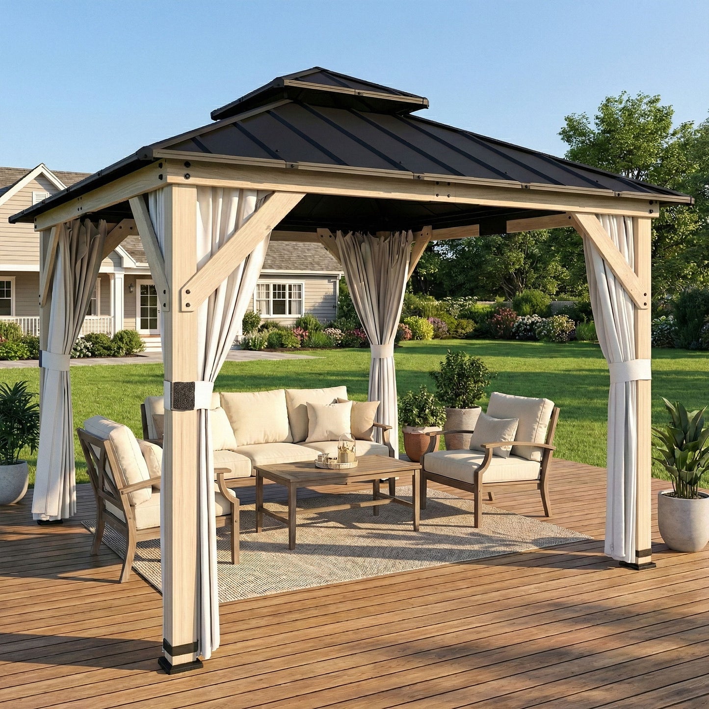 10 x 10 Hardtop Gazebo with Curtains, Wood Patio Gazebo with Double Steel Roof, Hook, Light Grey
