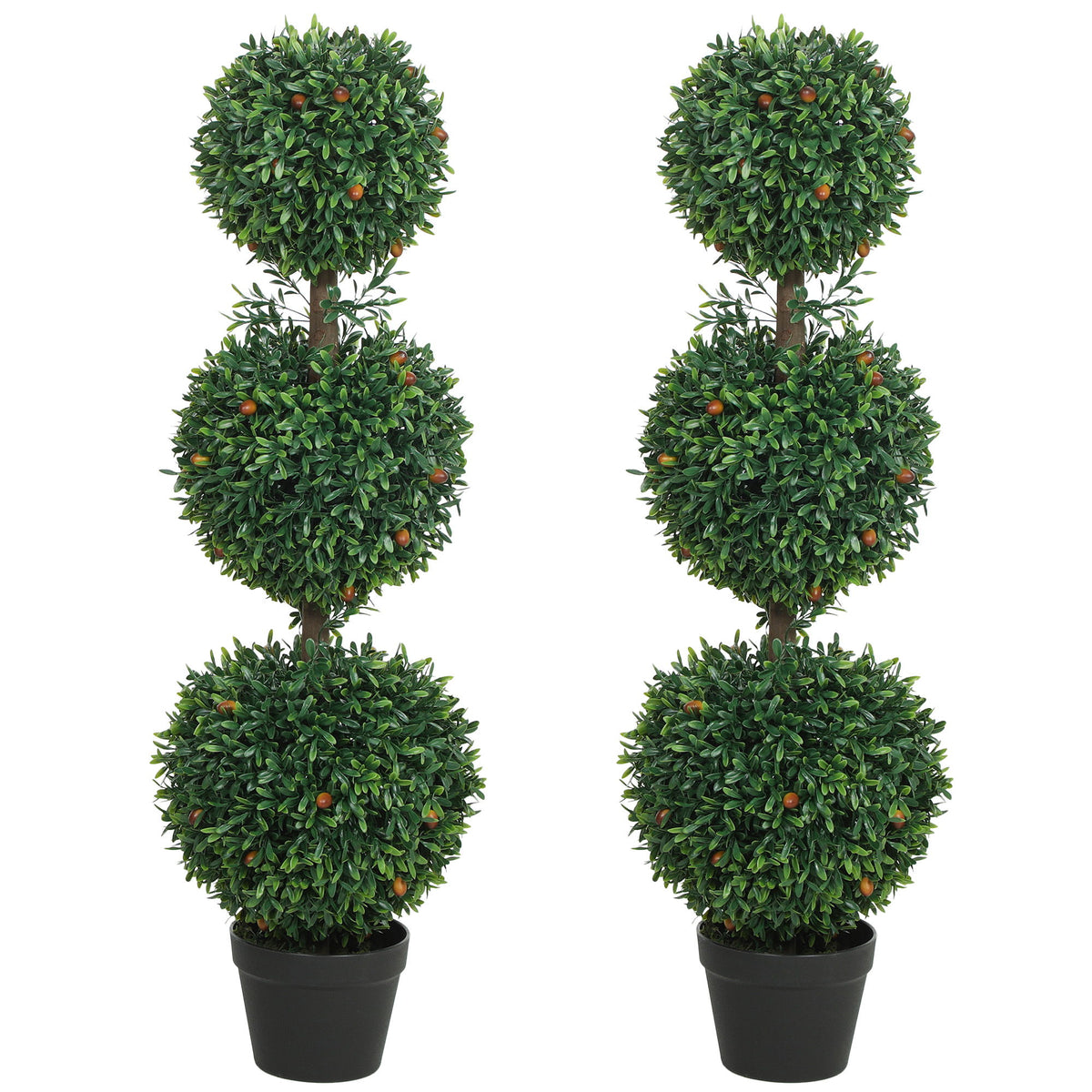 3.3FT Artificial Boxwood Topiary Tree Set of 2, Faux Three Ball Topiary Tree in Pot for Indoor Outdoor Decor, Green