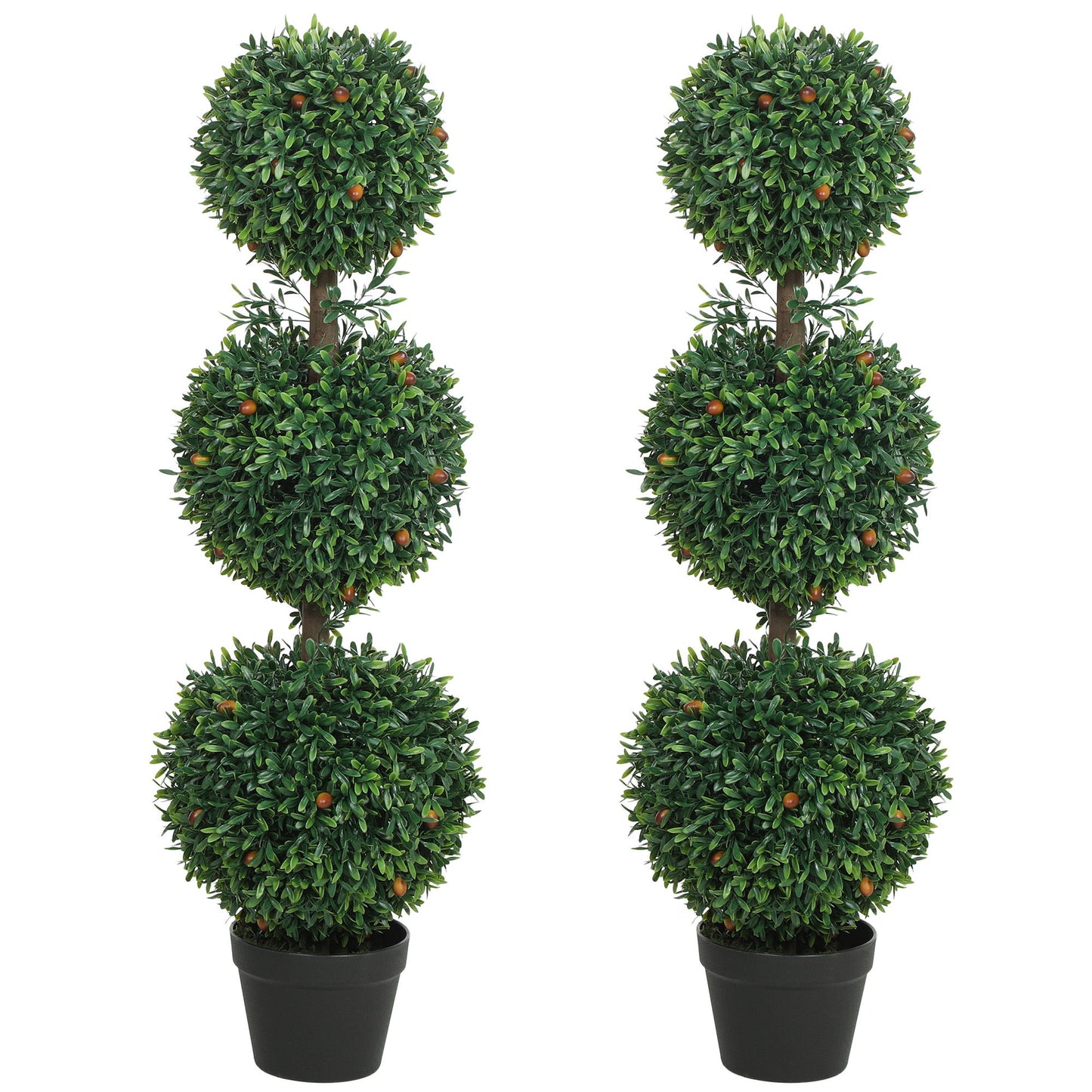 3.3FT Artificial Boxwood Topiary Tree Set of 2, Faux Three Ball Topiary Tree in Pot for Indoor Outdoor Decor, Green