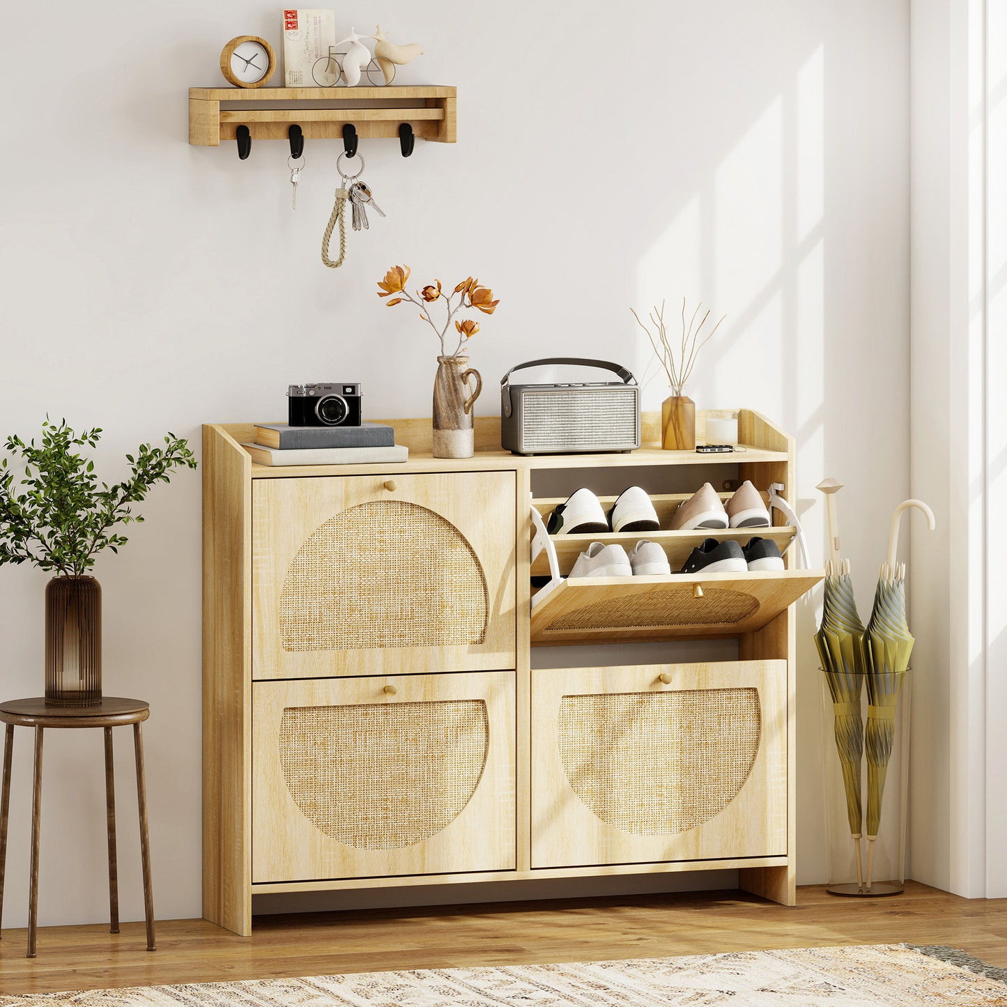 4 Flip-Drawer Shoe Cabinet, Shoe Storage Cabinet with Rattan Doors and Adjustable Shelves, Holds 16 Pairs, Natural