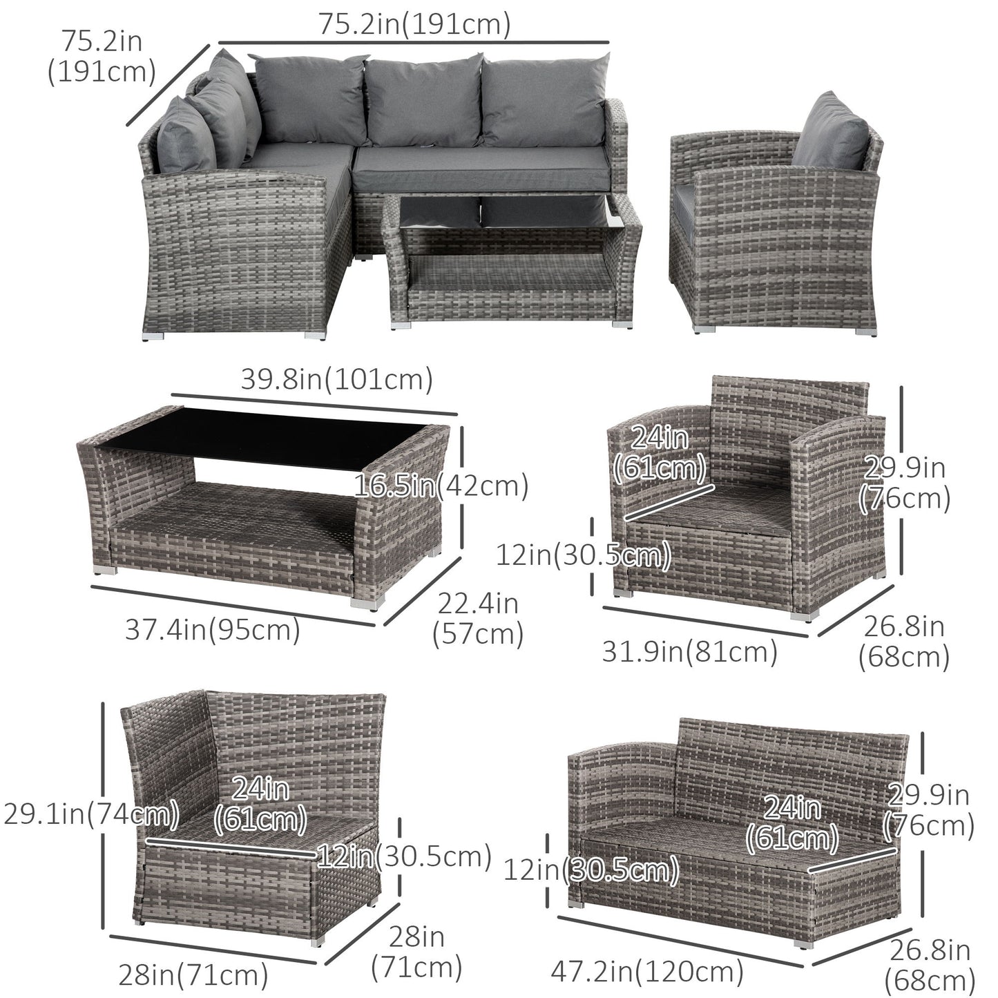 5 Pieces Wicker Patio Furniture Set with 4" Thick Cushions, Outdoor PE Rattan Garden Conversation Sectional Sofa Set with Glass Top Two-tier Coffee Table, Grey