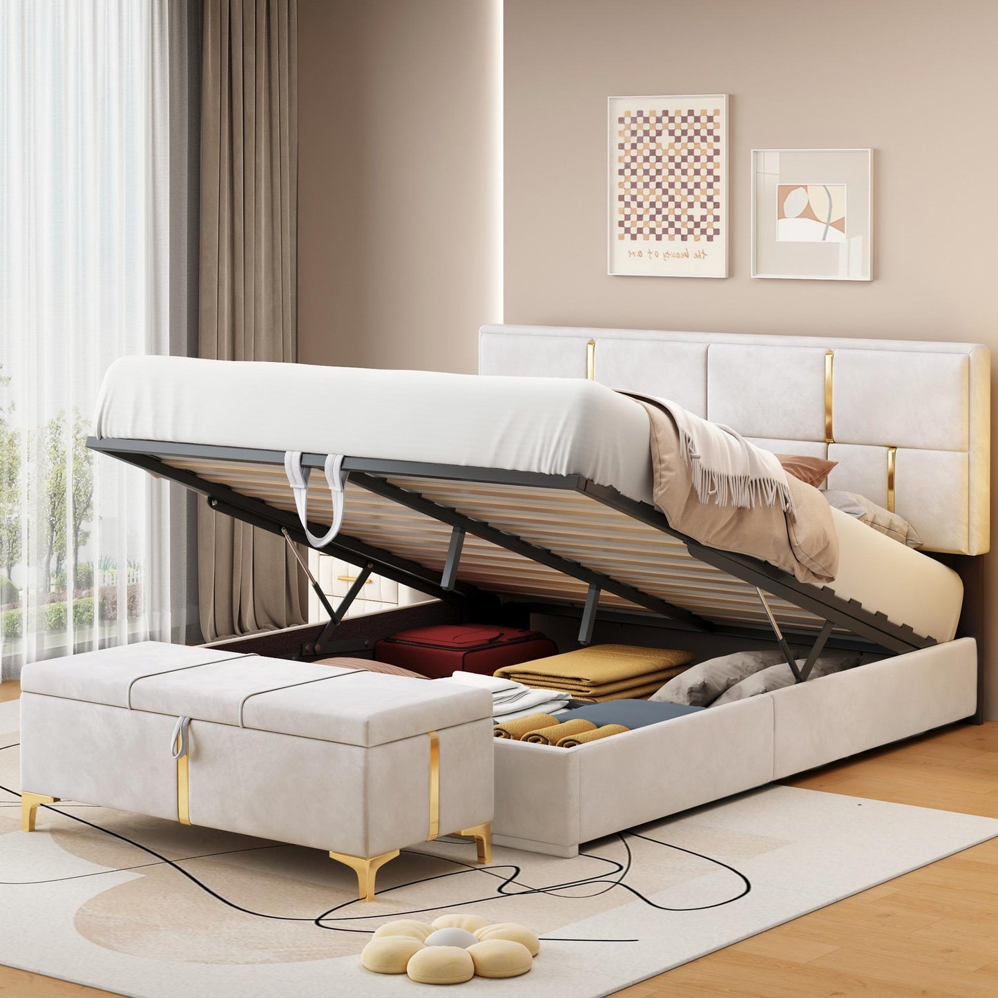 Queen Size Bedroom Set with Storage Ottoman, Upholstered Fabric, Hydraulic Platform Bed for Living Room, 85" L x 64.5" W x 41" H, Beige