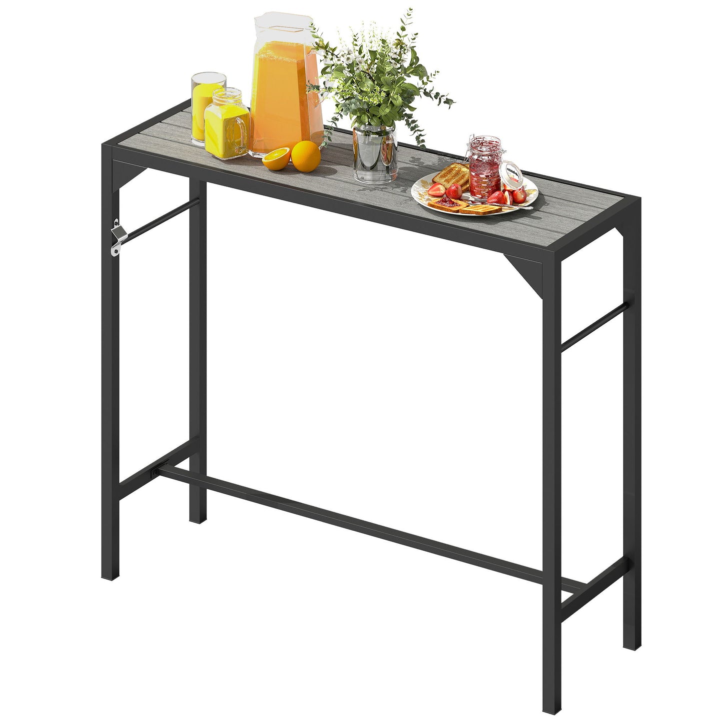 Bar Height Outdoor Table with Built-In Bottle Opener, Patio Bar Table with Wood Grain Plastic Top, 47.2" x 15" x 39"