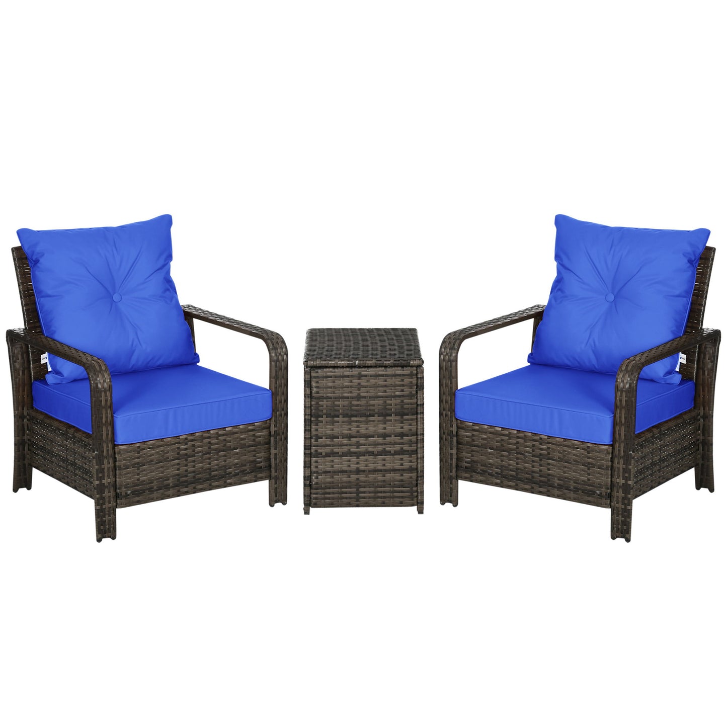 3 Pieces Wicker Patio Furniture Set, Rattan Bistro Set with Storage Coffee Table and Thickened Cushions, Outdoor Conversation Set for Garden, Porch, Balcony, Blue